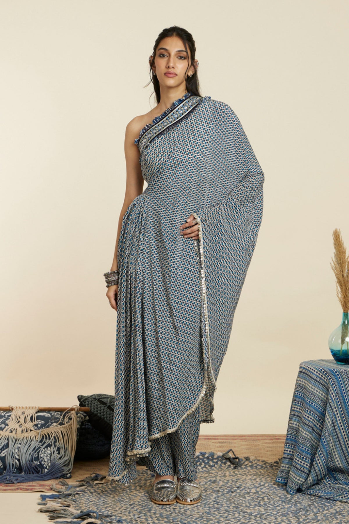 Blue Geo One Shoulder Kaftan Set