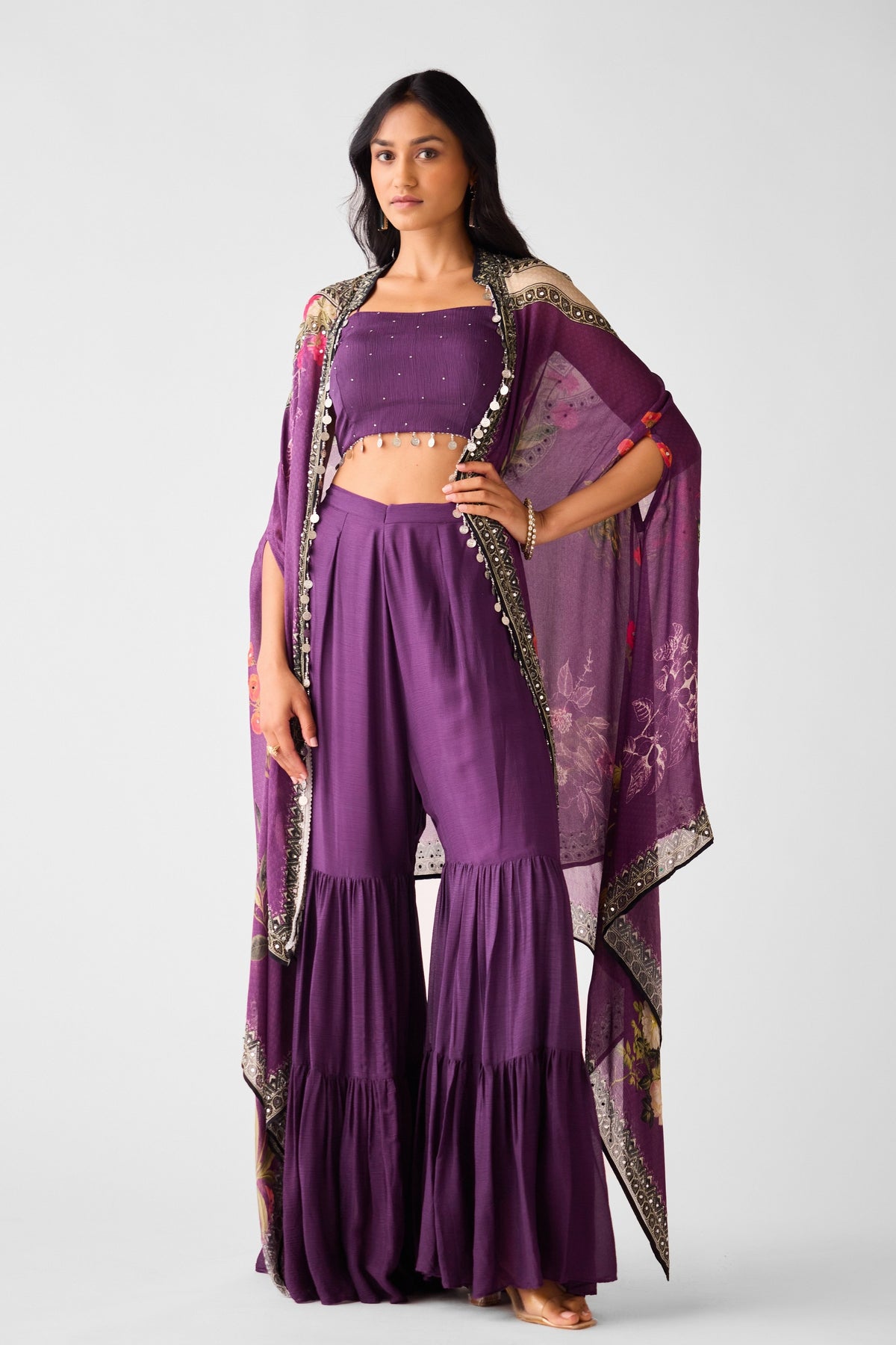 Purple Chinon Cape &amp; Sharara Set