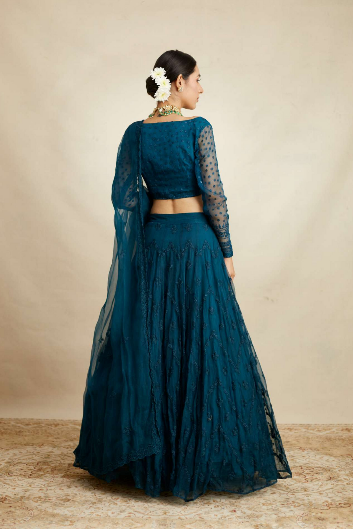 Teal Blue Thread Work Lehenga Set