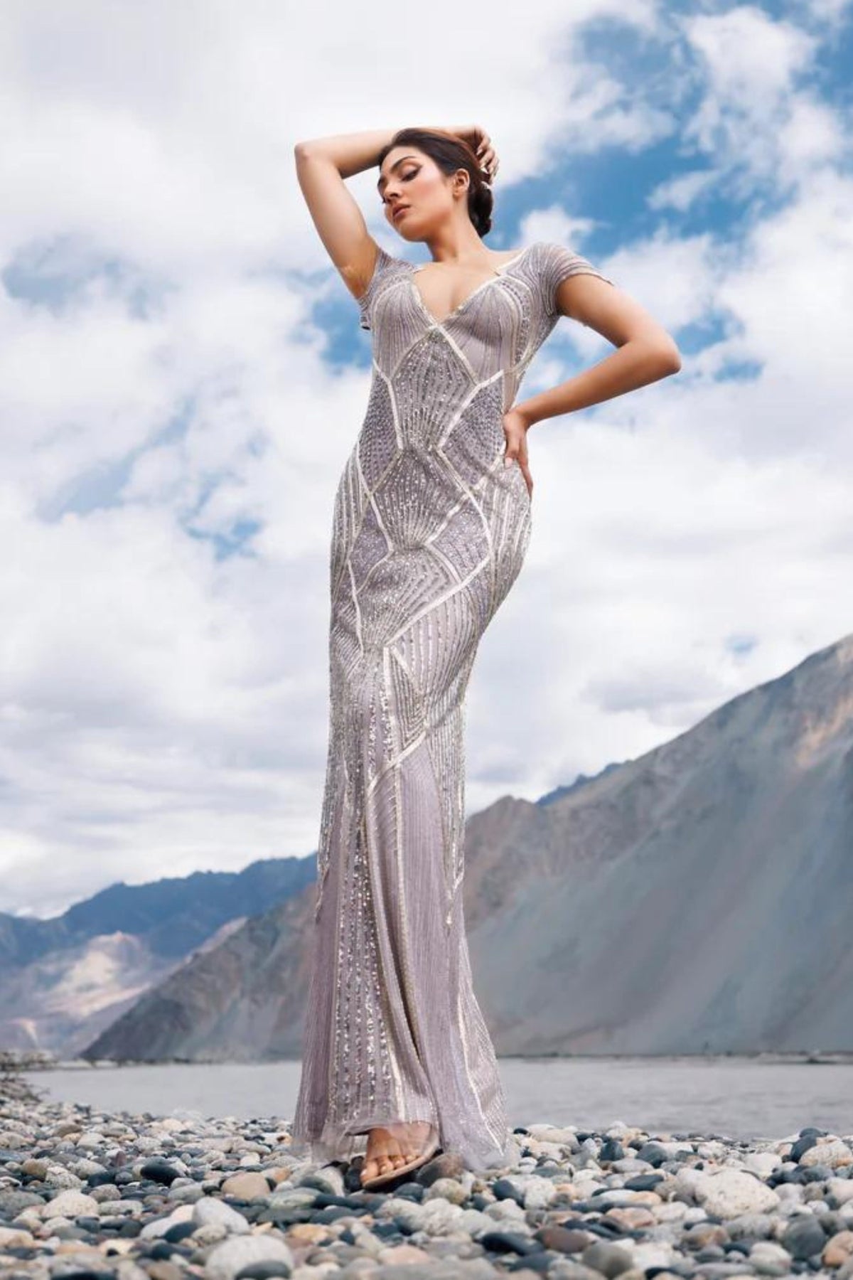 Metallic grey sheath fit gown