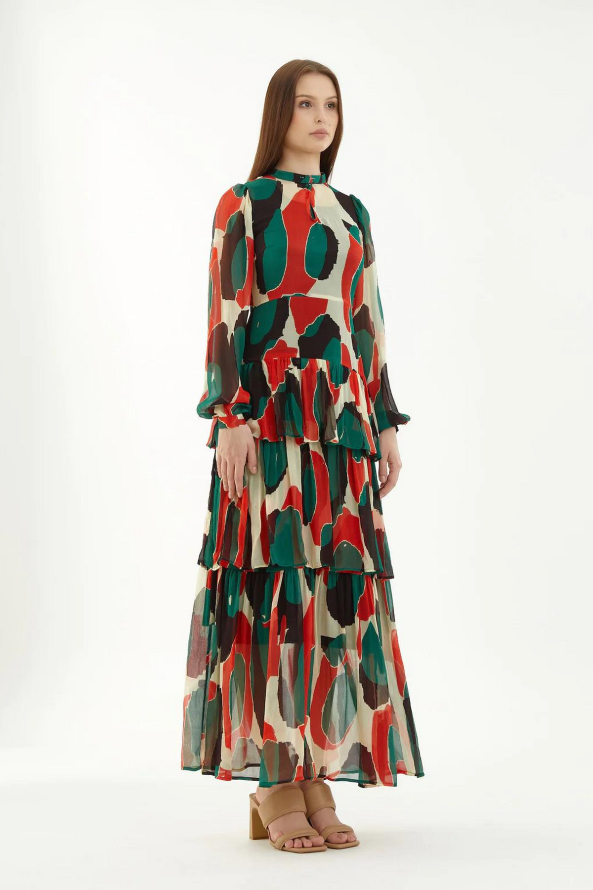 Offwhite, Green, Black And Red Abstract Frill Dress