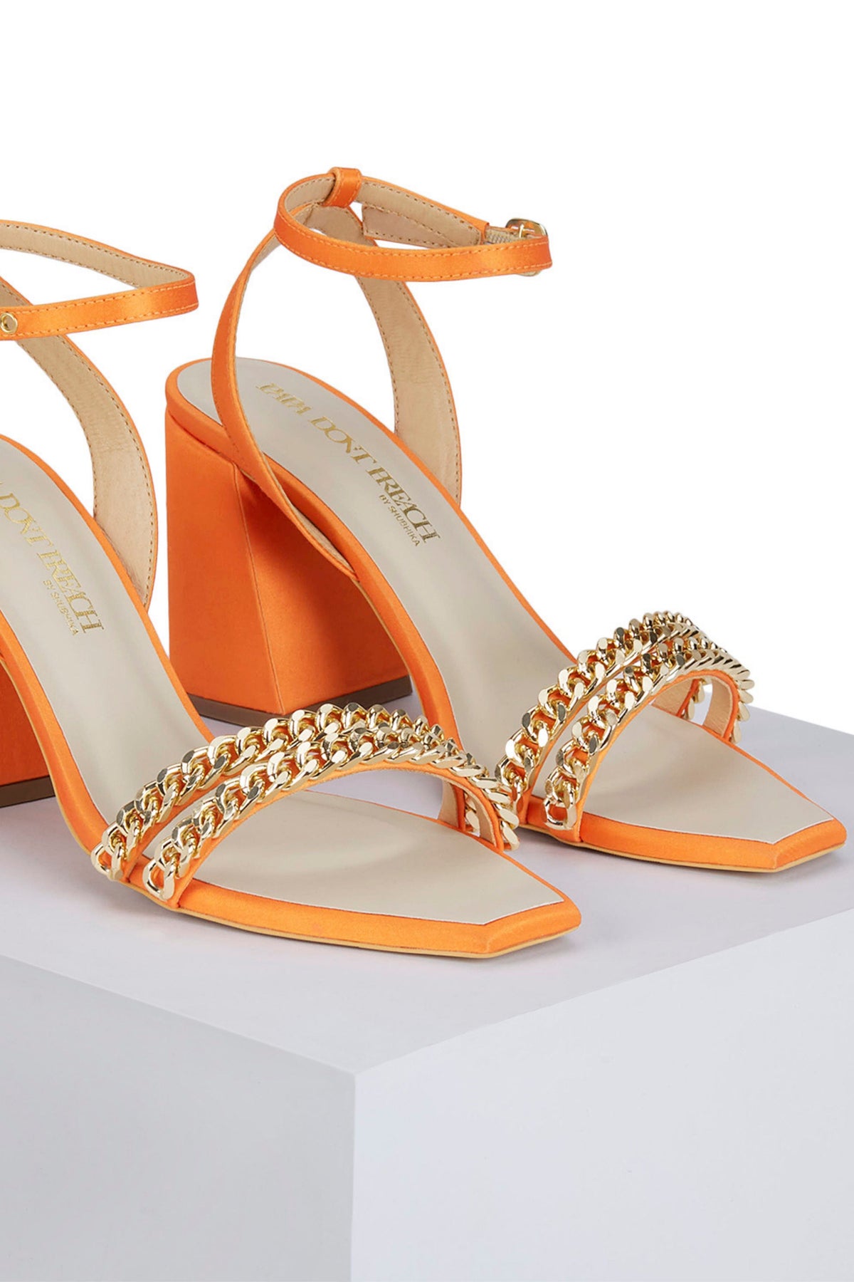 Flaming Katy - Orange Embroidered Mini Block Heels