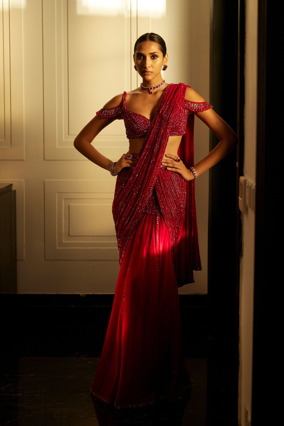 Ruby Red Pre Draped Saree Set