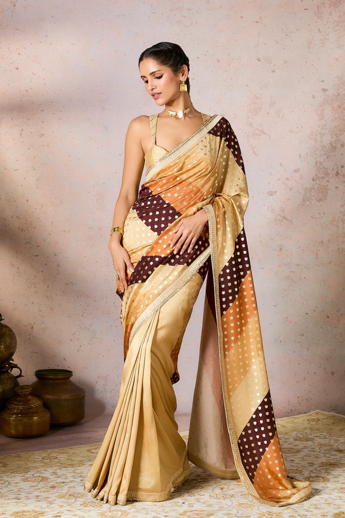 Beige Stripe Foil Saree