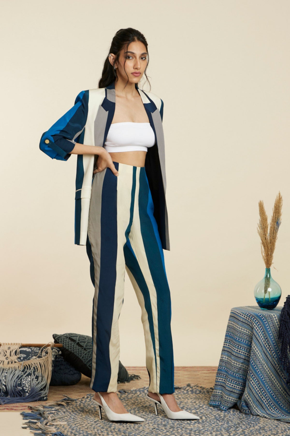 Blue Stripe Print Blazer Set