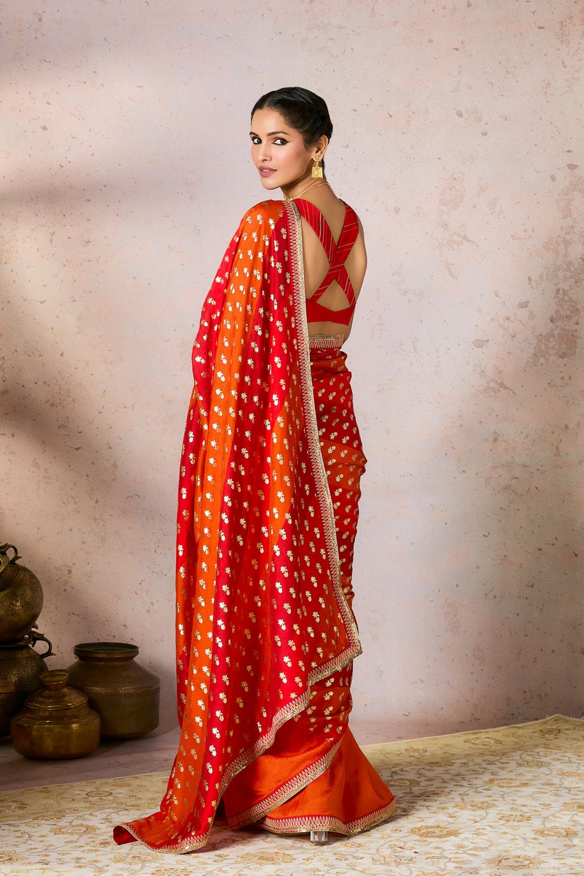 Rust Stripe Foil Saree