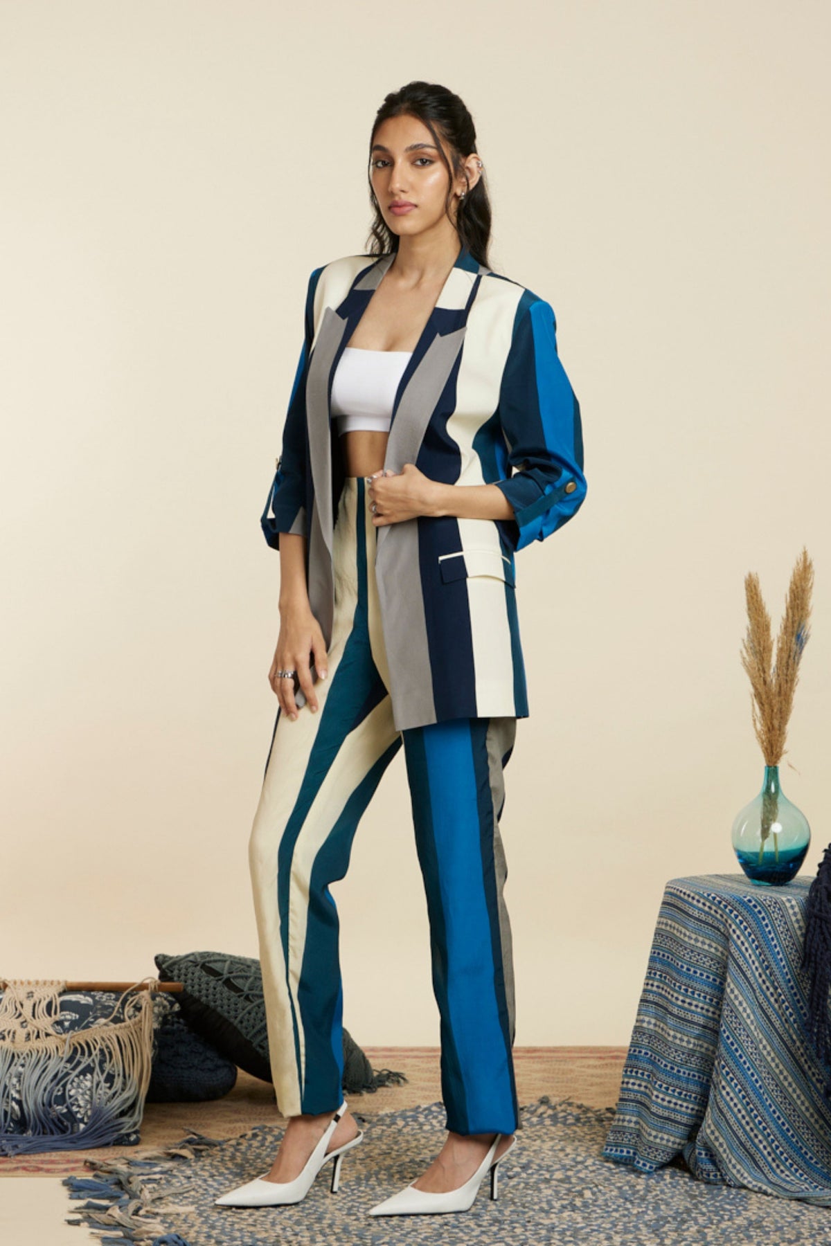 Blue Stripe Print Blazer Set