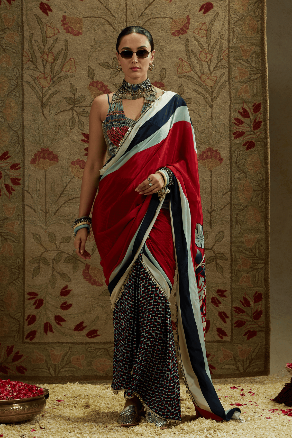 Printed Cascade Saree With Bustier