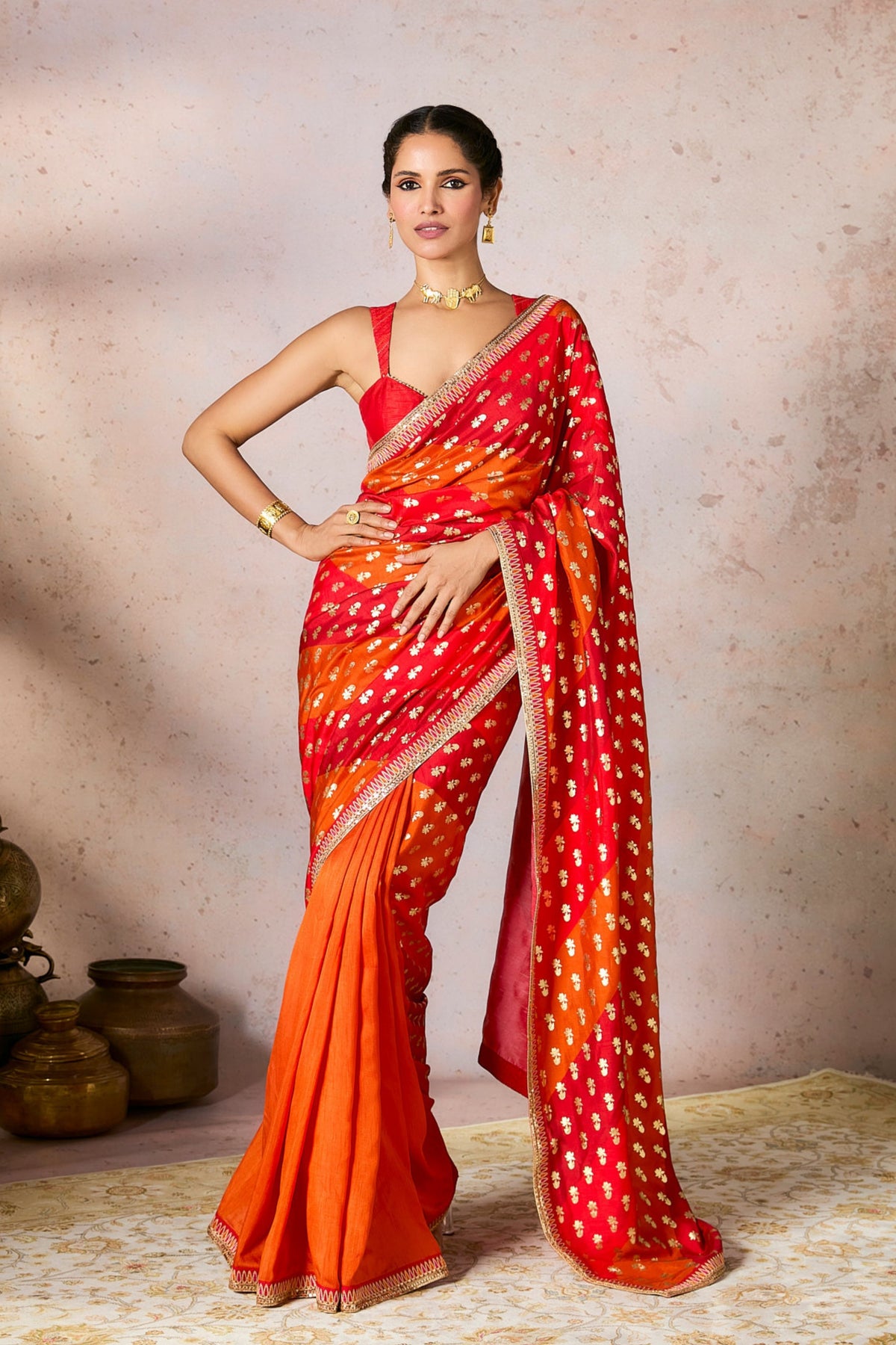 Rust Stripe Foil Saree