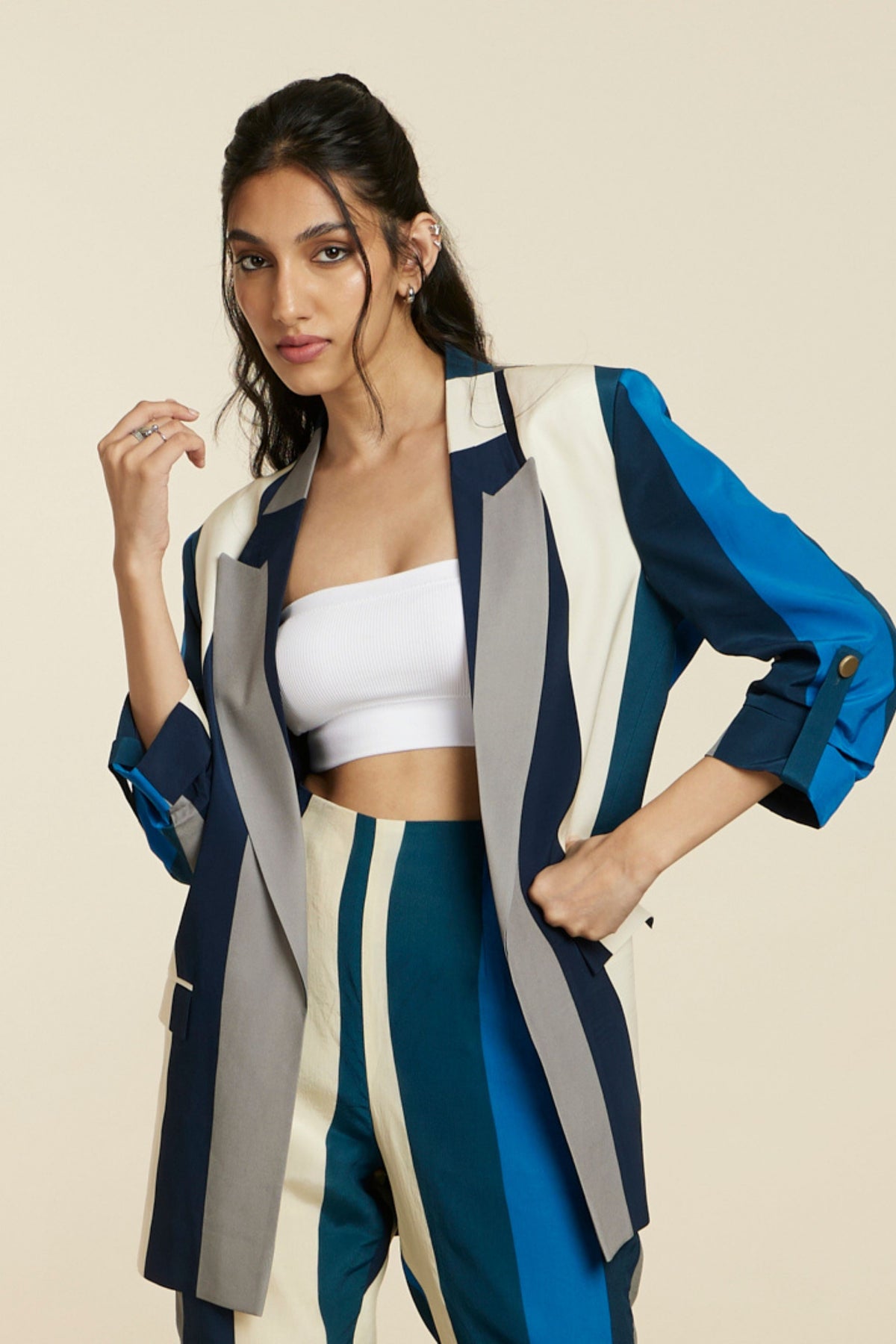 Blue Stripe Print Blazer Set