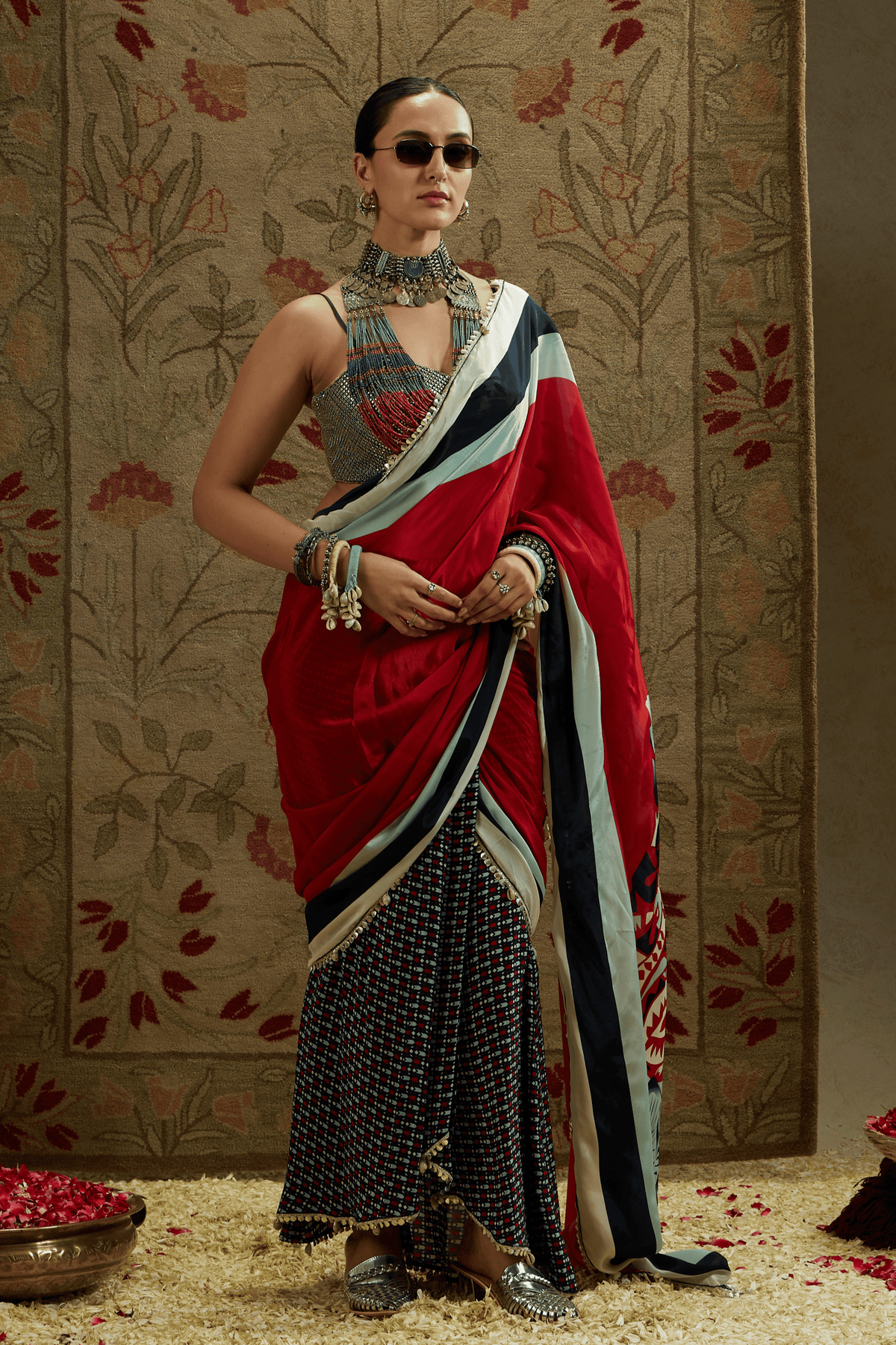 Printed Cascade Saree With Bustier