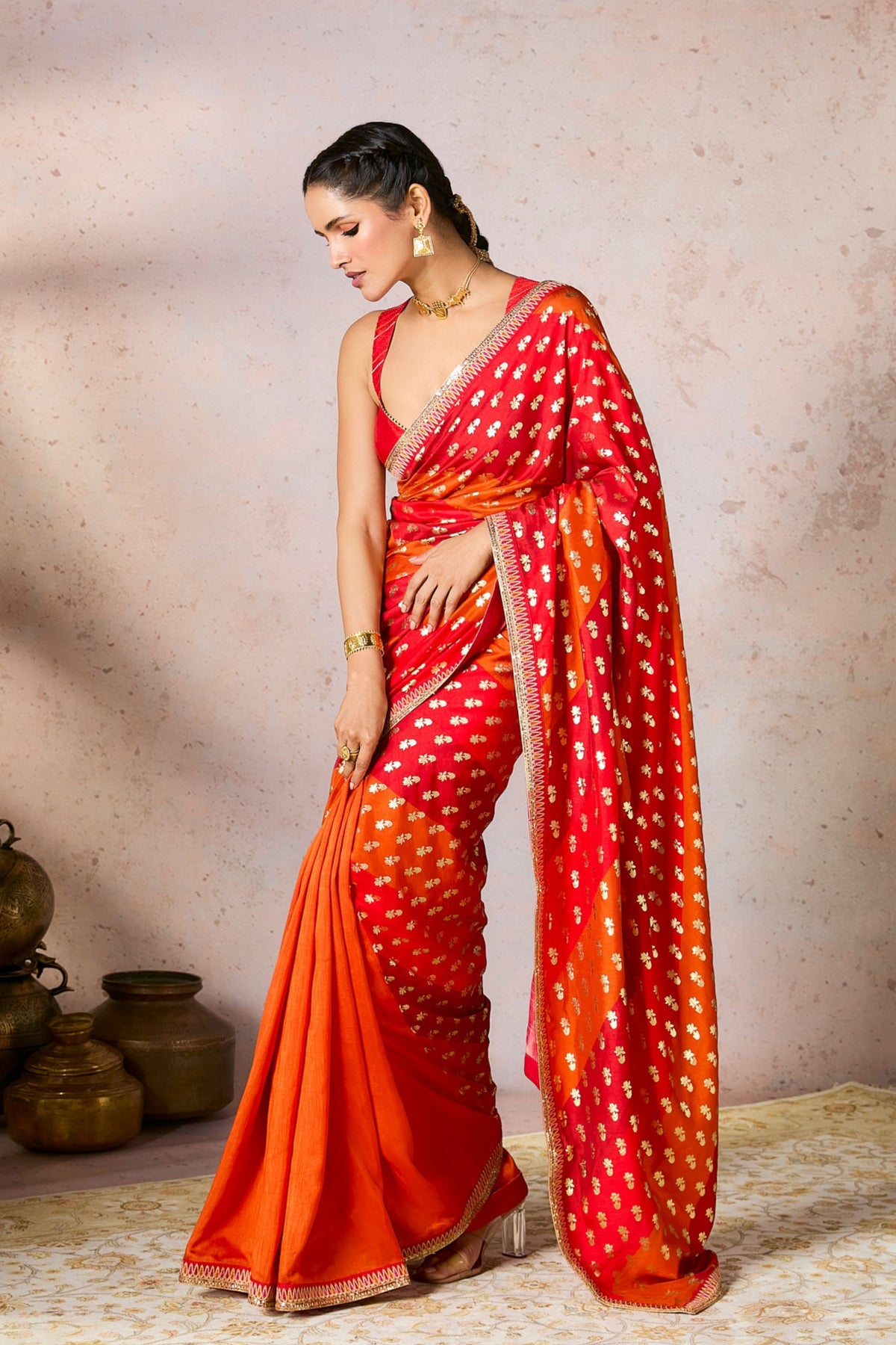 Rust Stripe Foil Saree