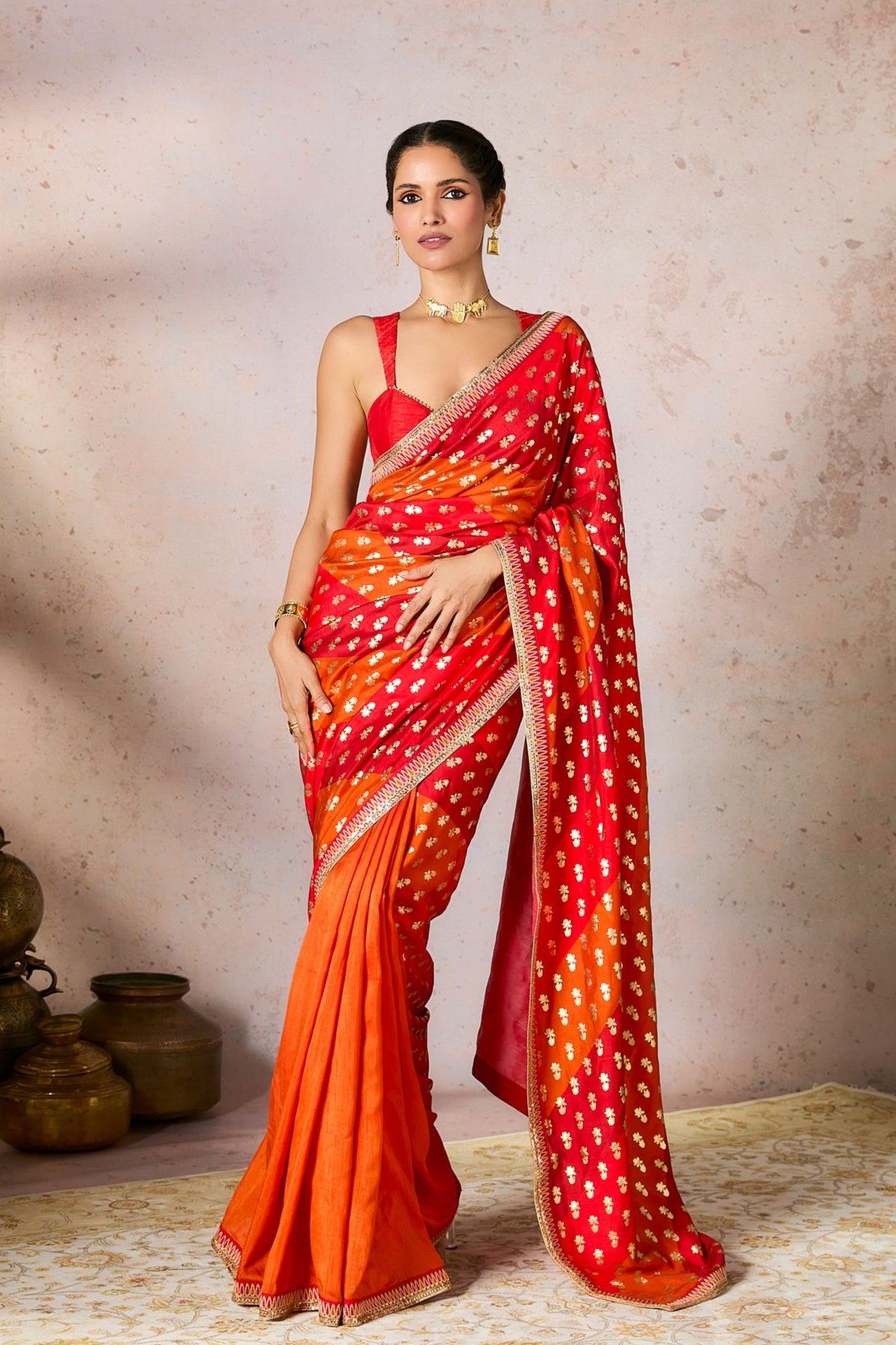 Rust Stripe Foil Saree