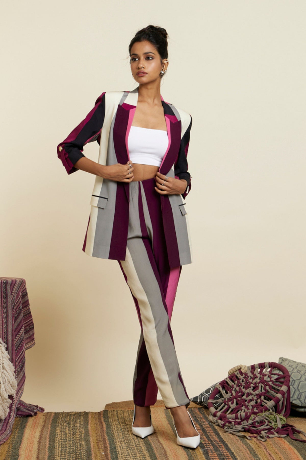 Merlot Stripe Print Blazer Set