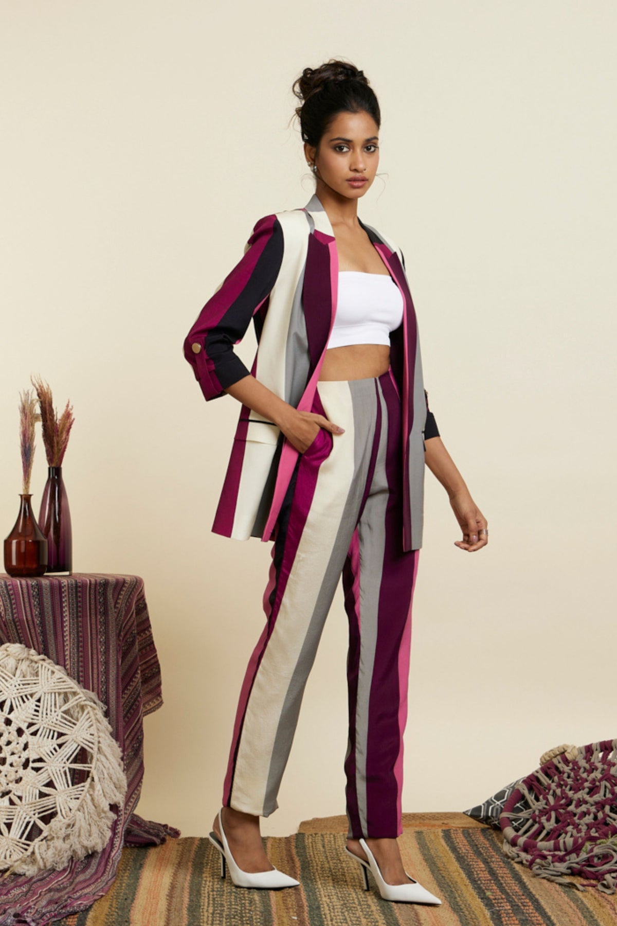 Merlot Stripe Print Blazer Set