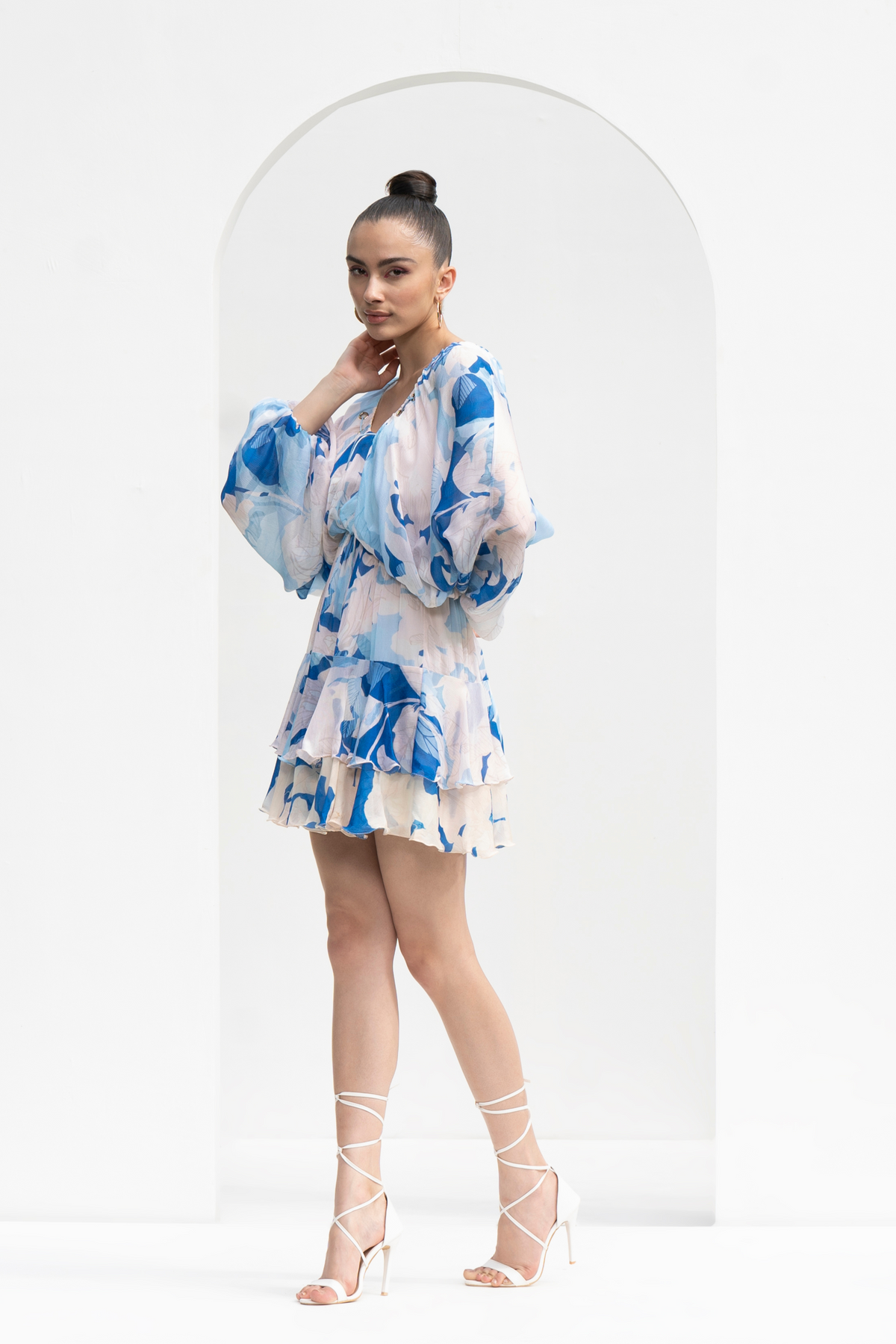 Mystic Blue Printed Chiffon Short Dress