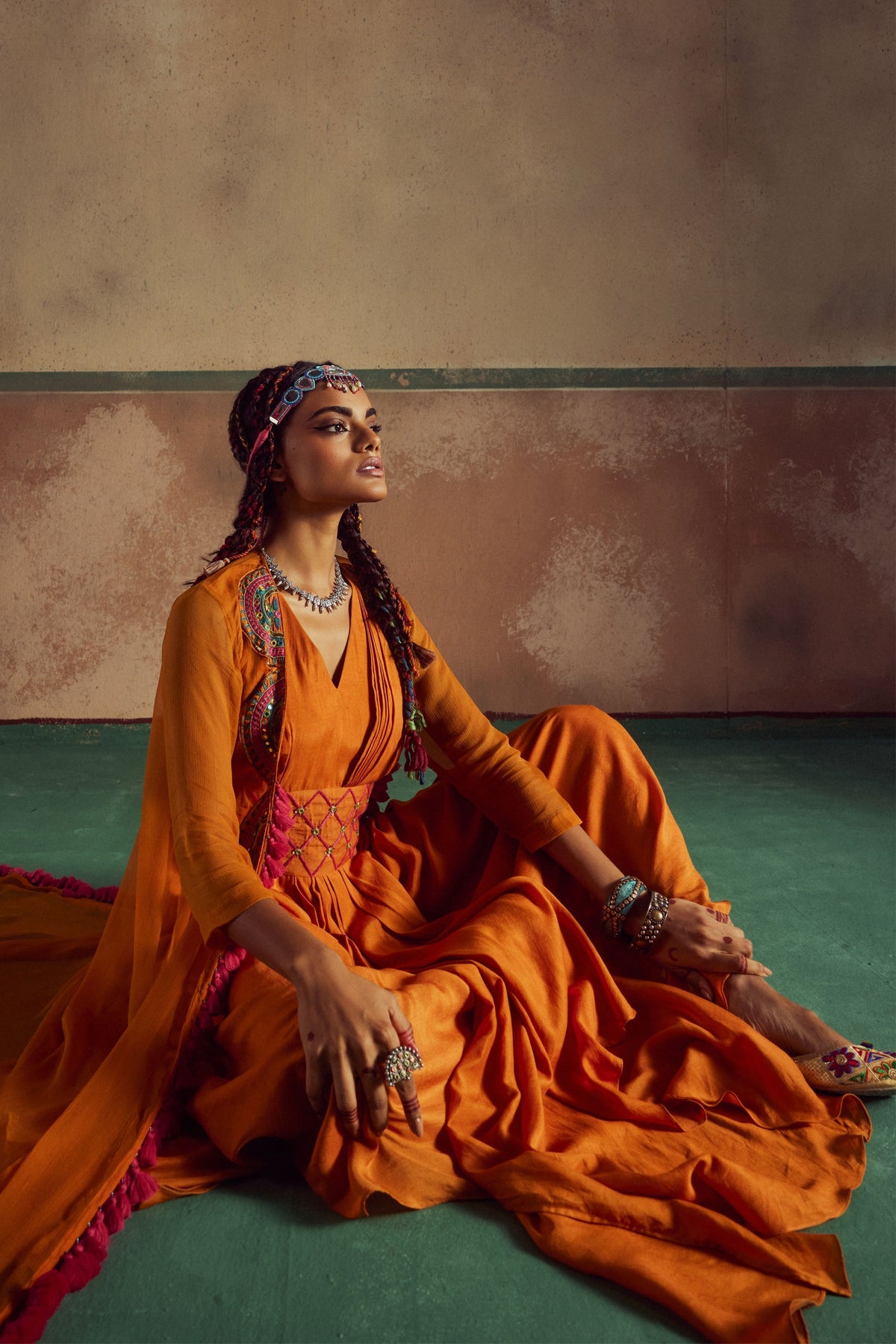 Orange Drape Dress With Cape