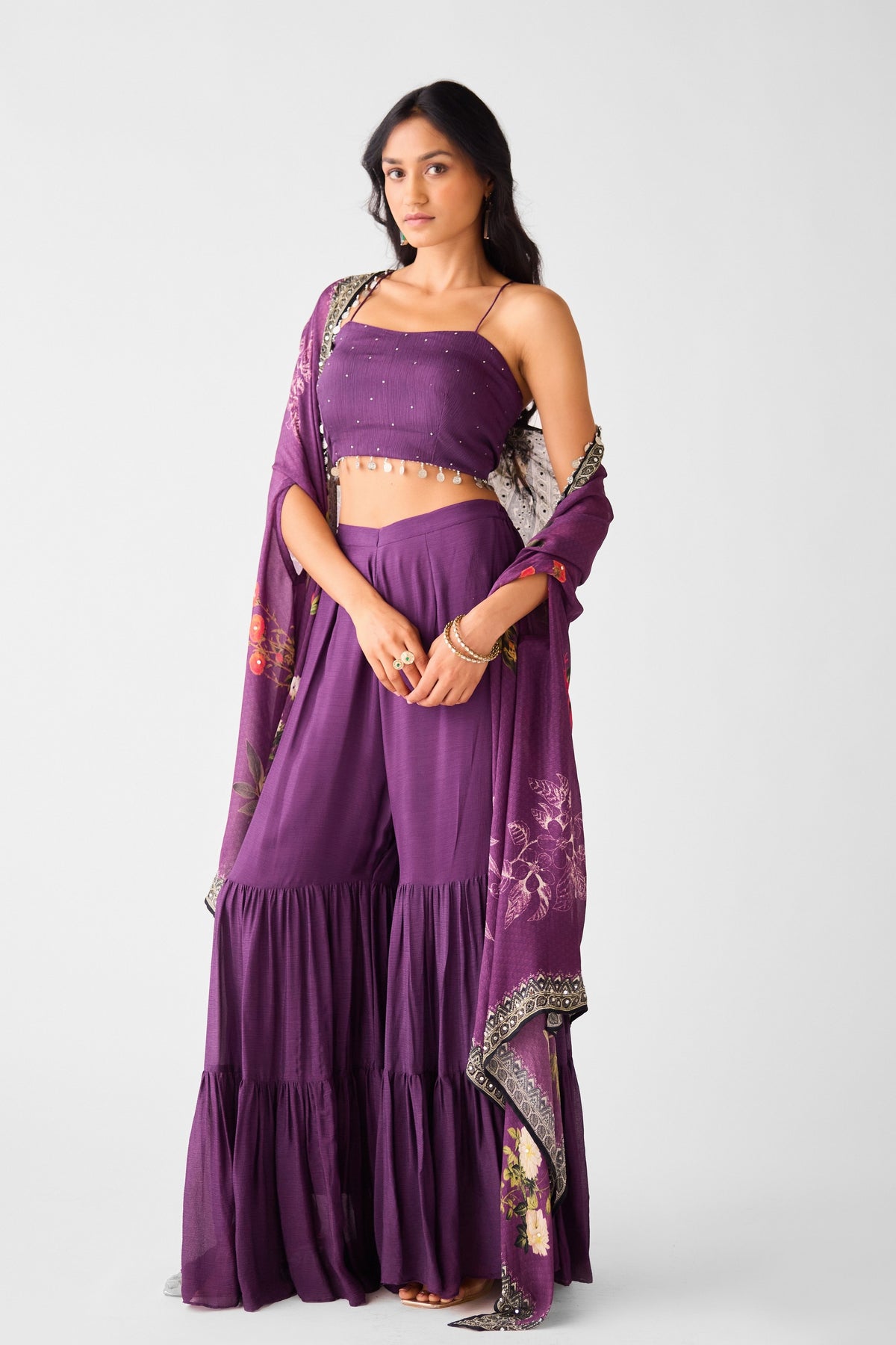 Purple Chinon Cape &amp; Sharara Set