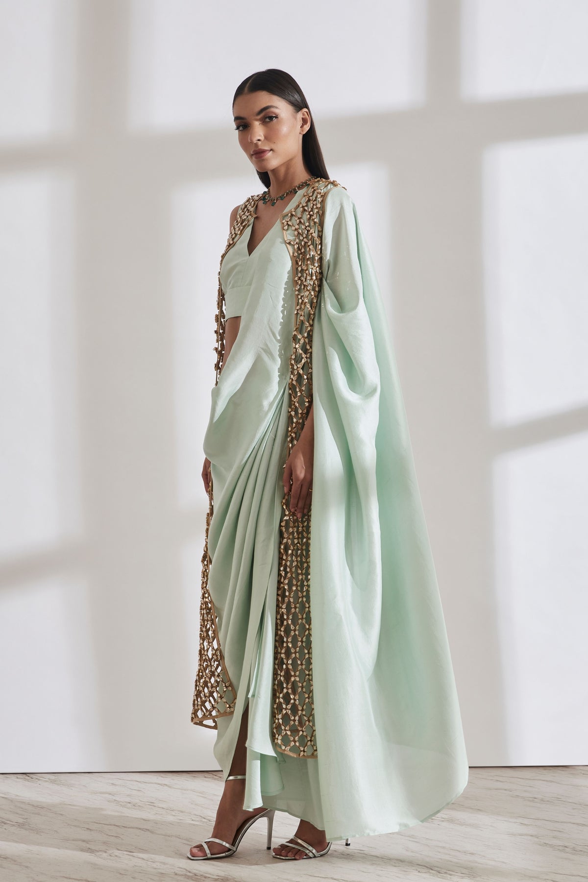 Masai Godet Mint &amp; Gold Sari