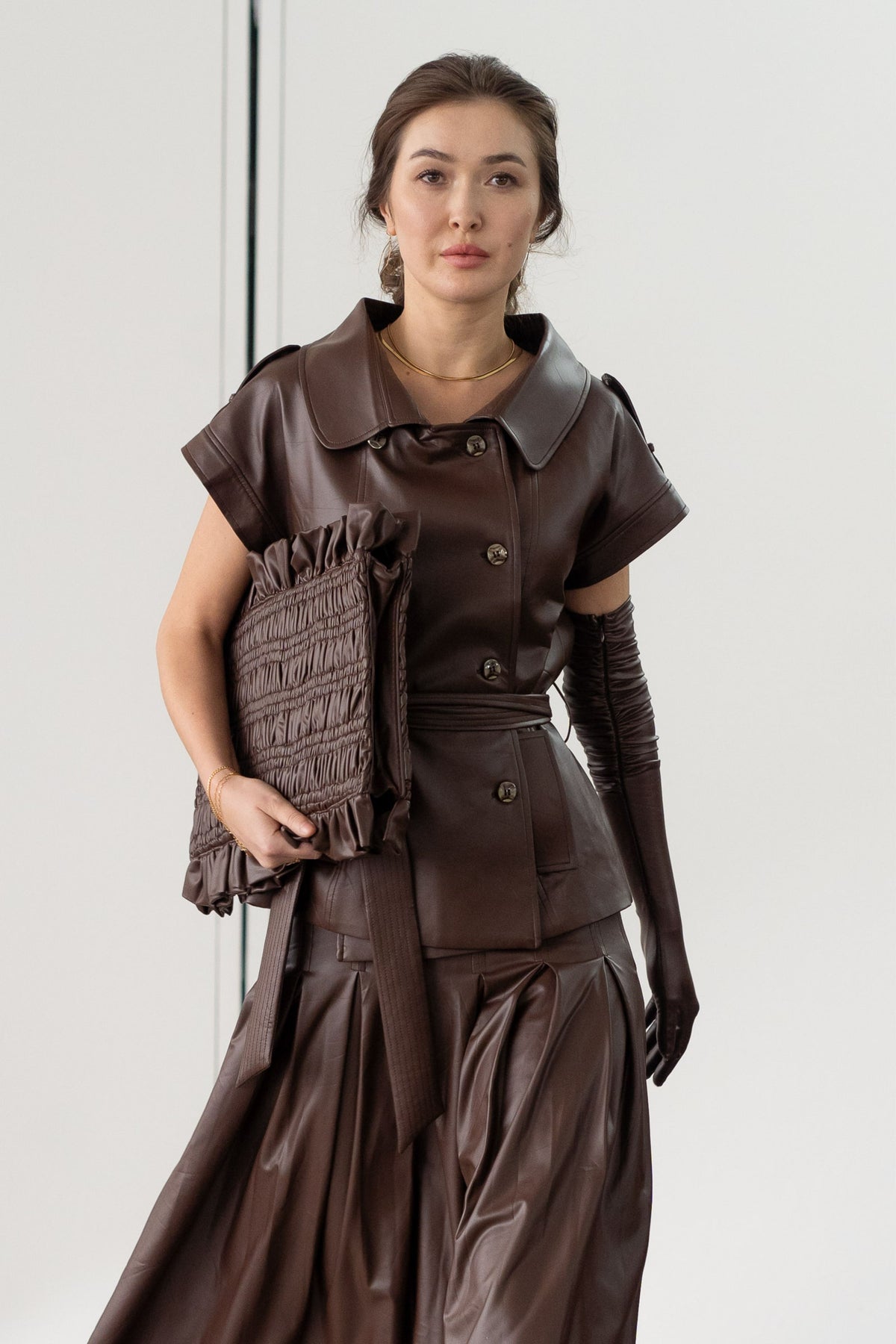 Mocha Leather Box Pleat Skirt