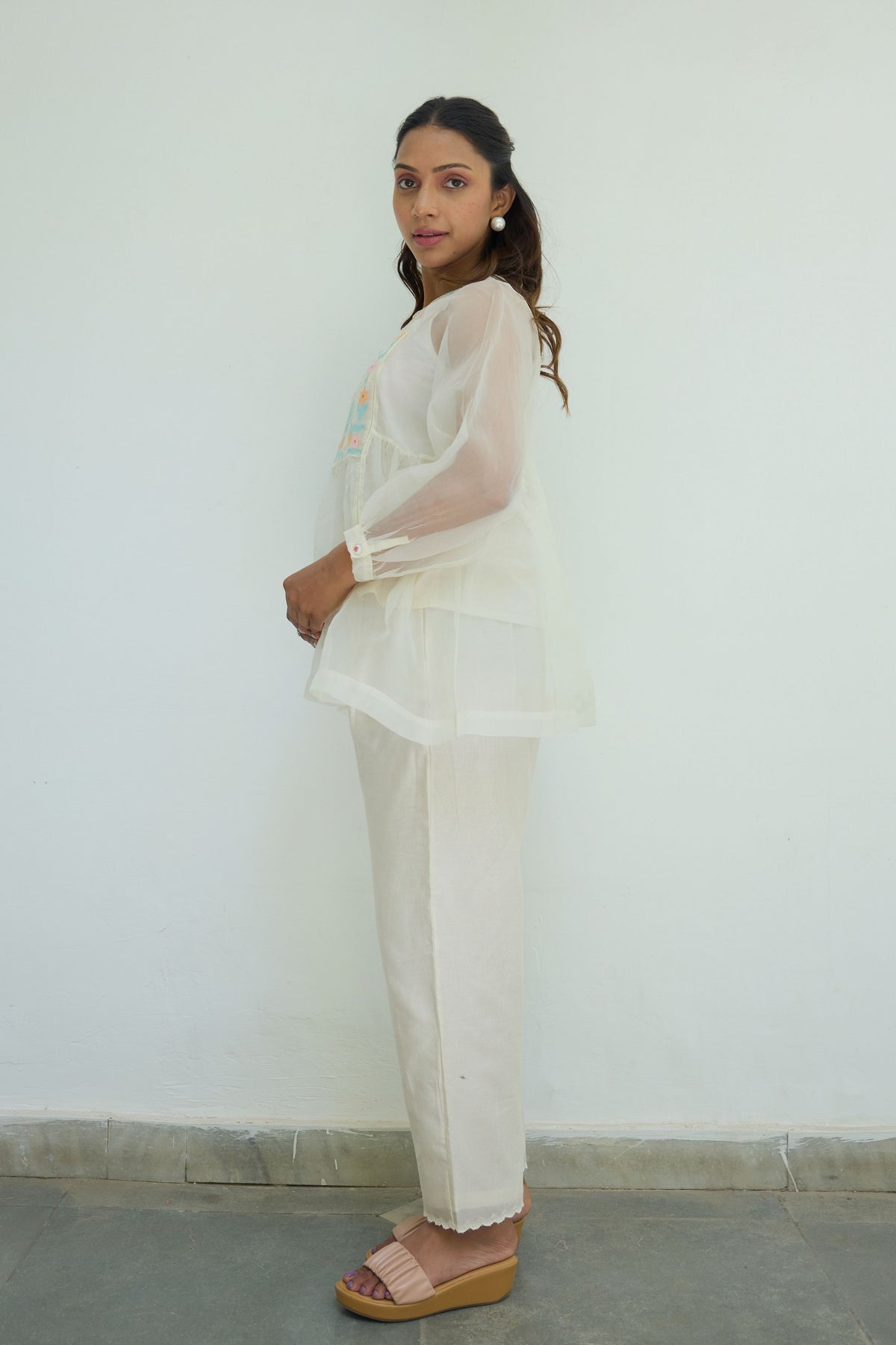 Embroidered Offwhite Silk Organza Top