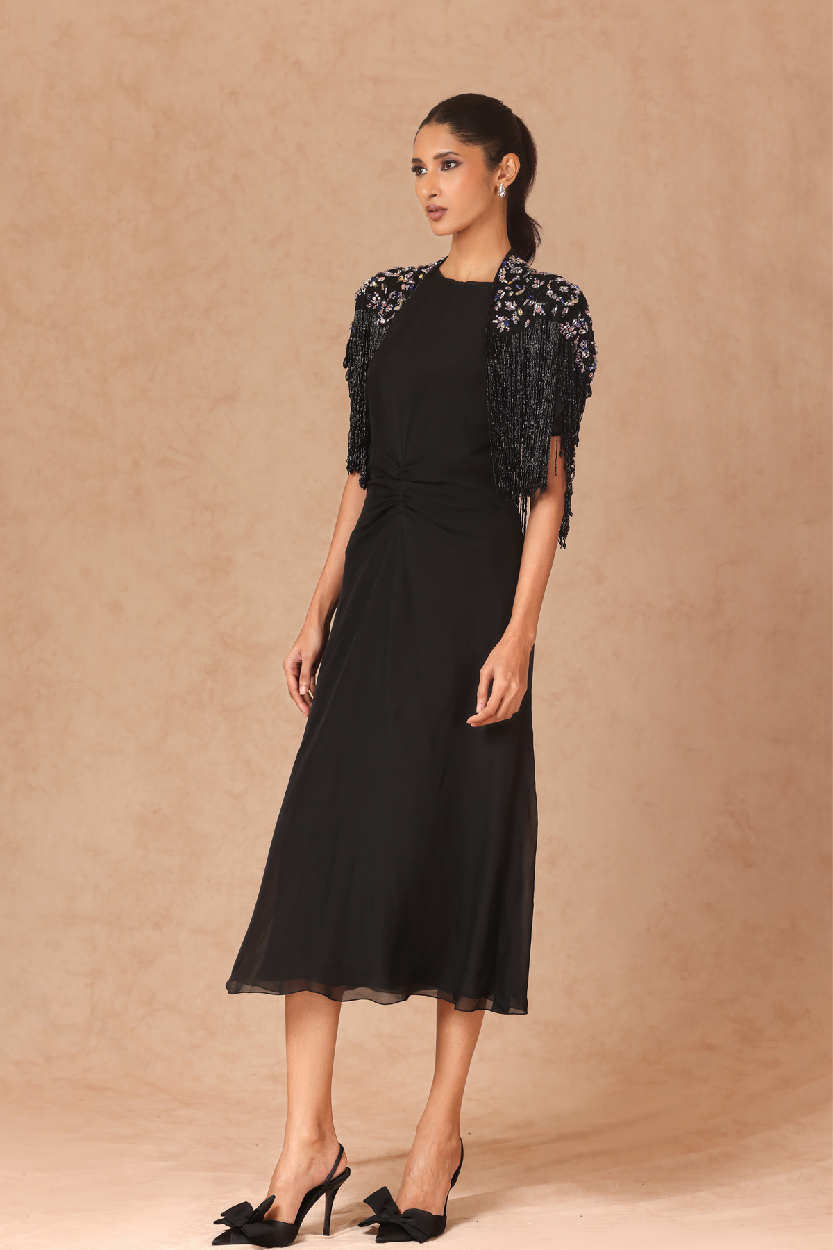 Dark Multi Drape Fringe Cape With Chiffon Dress