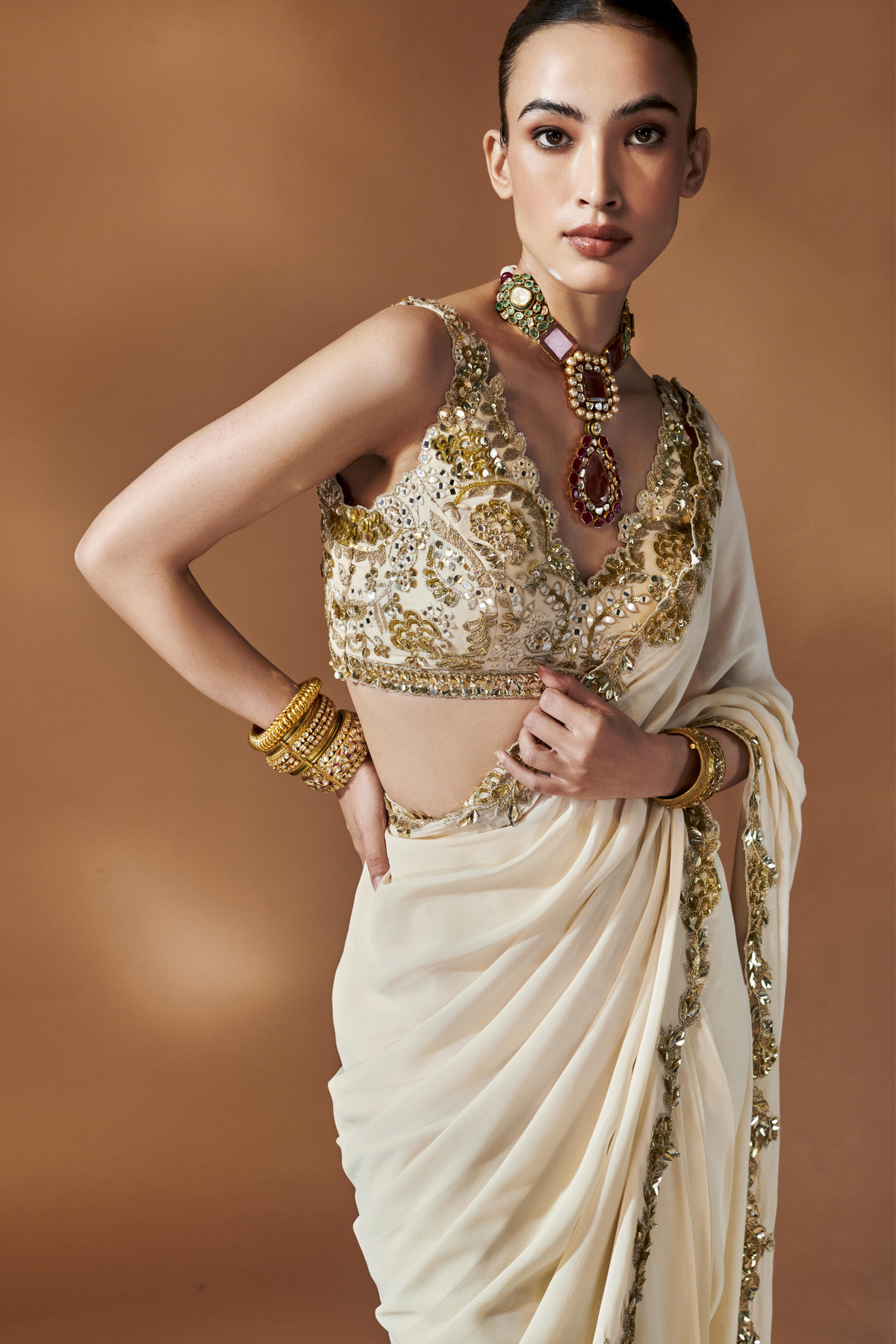 Ivory And Gold Saree Set