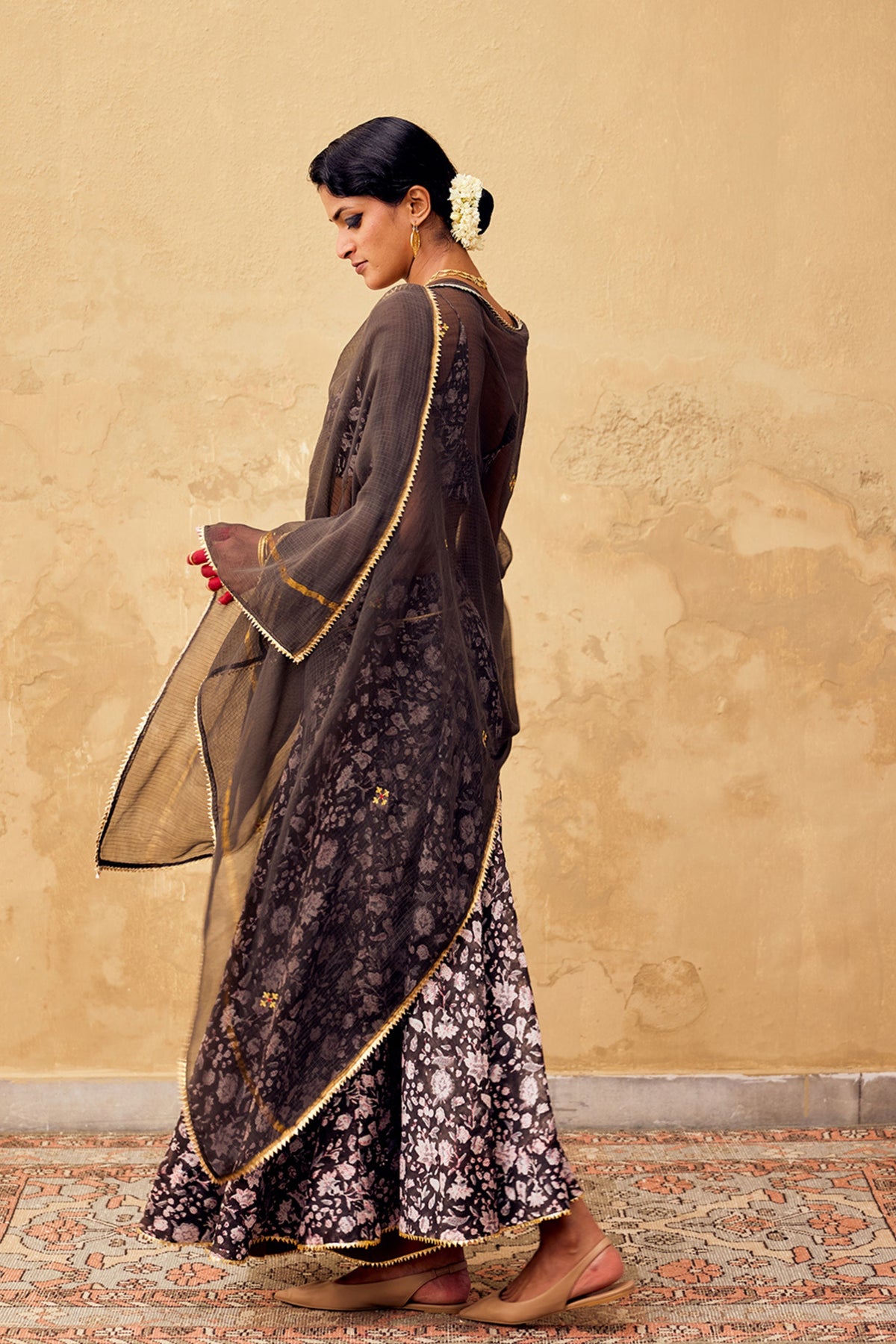 Damak Sharara Set in Charcoal