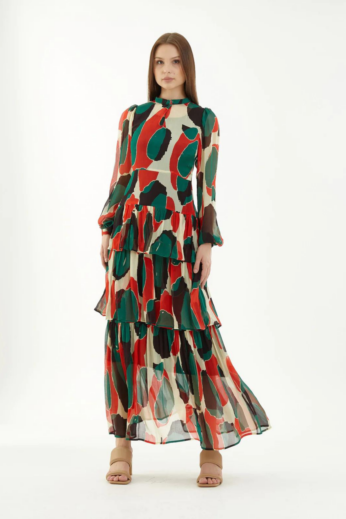 Offwhite, Green, Black And Red Abstract Frill Dress