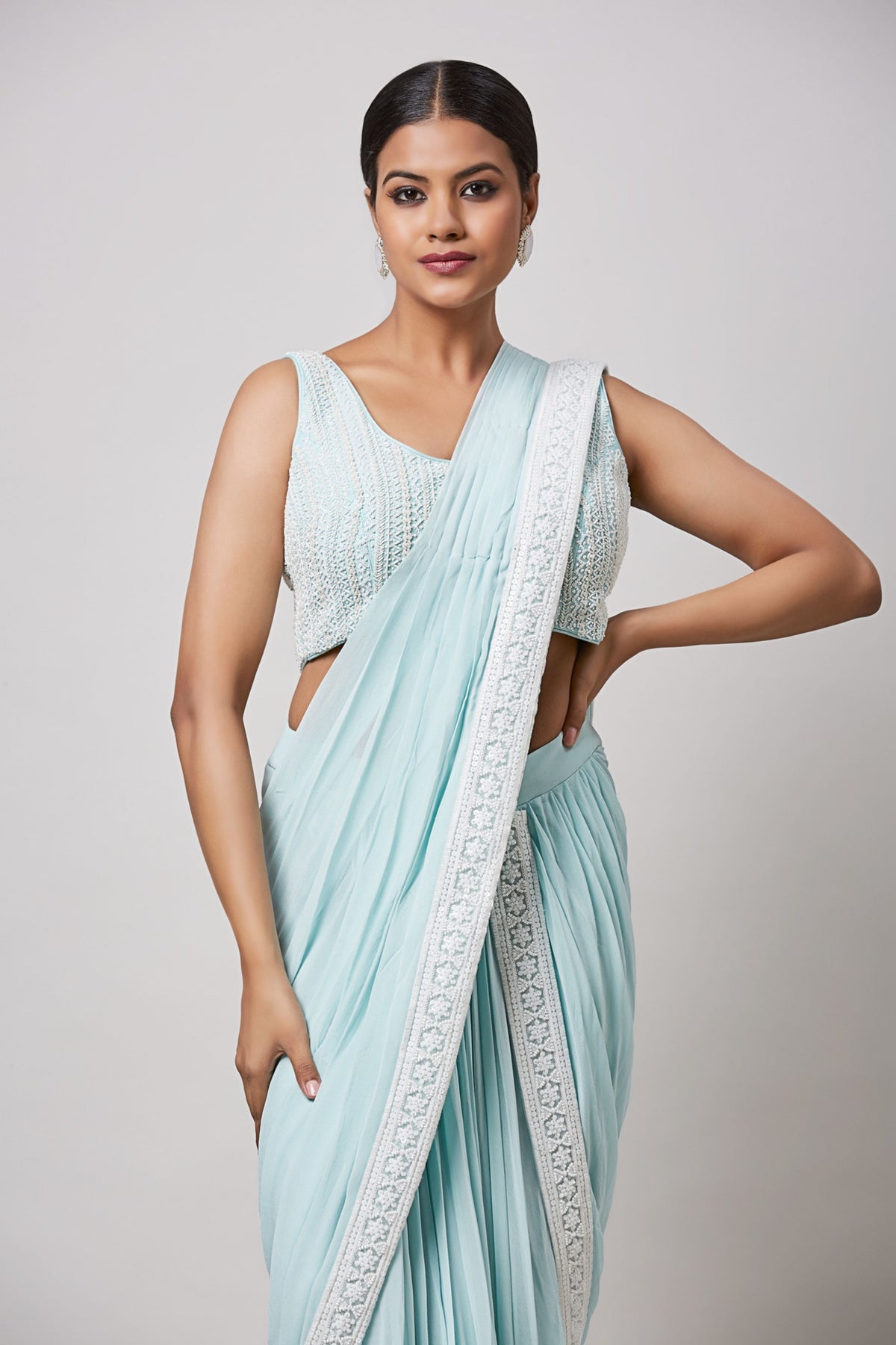 Sea Green Pre Drape Saree