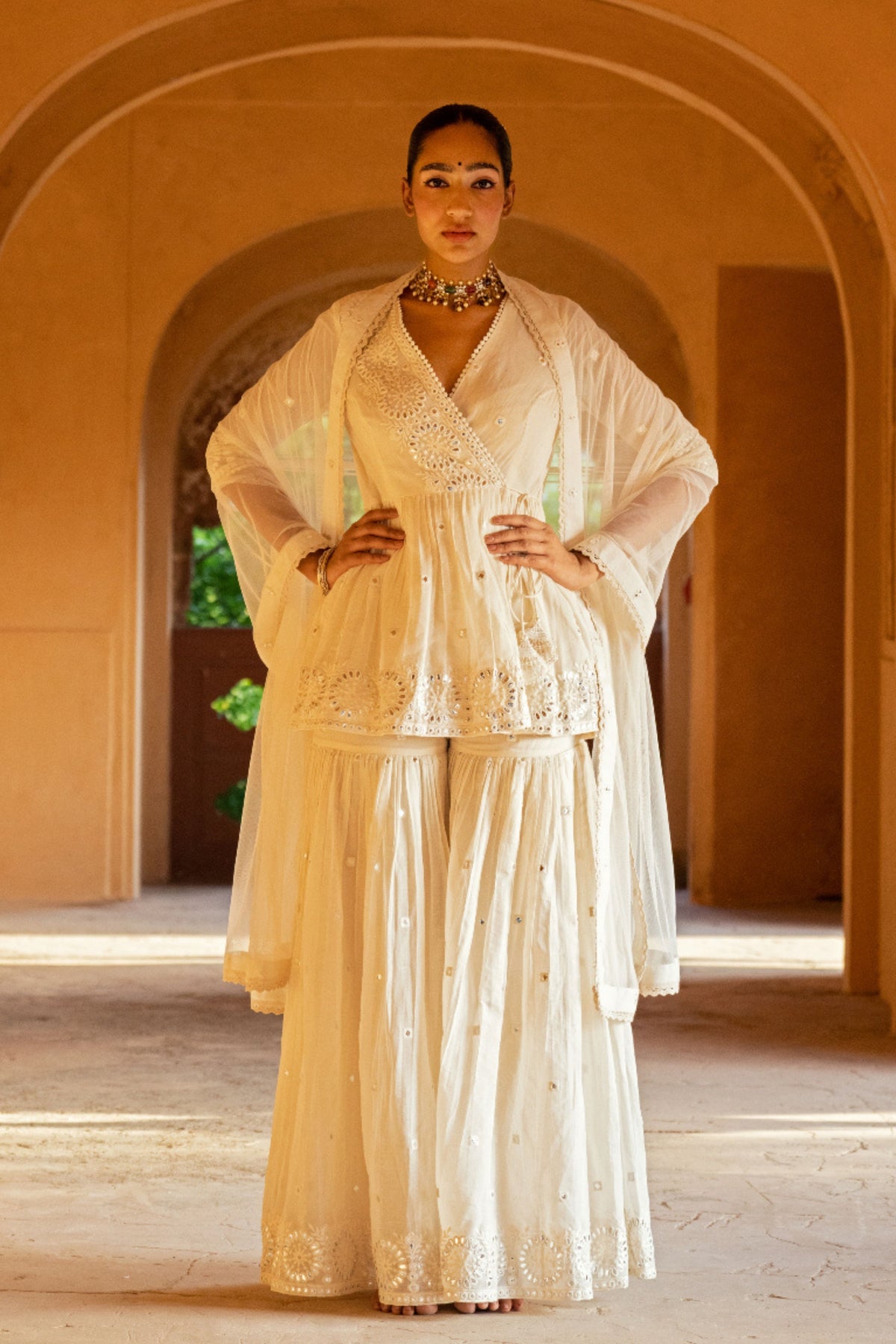 Off White Circle Sharara Set