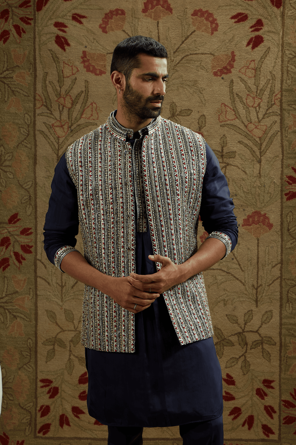 Midnight Blue Border Embellished Bundi