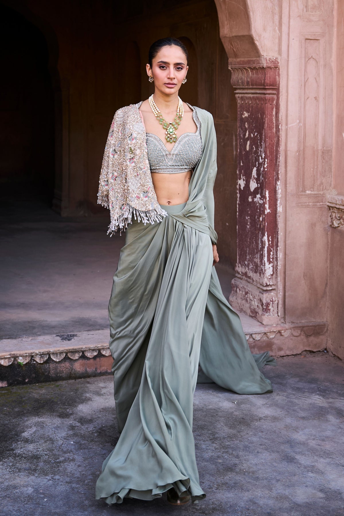 Embroidered Draped Saree Set