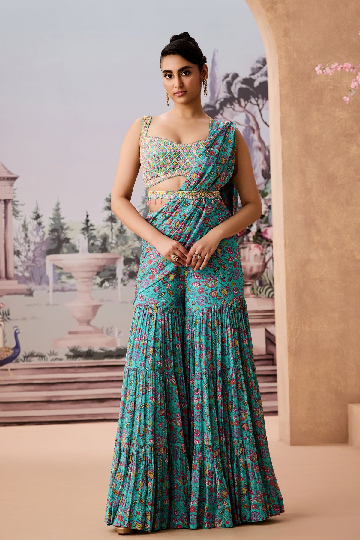 Sjy Aqua Sharara Saree Set