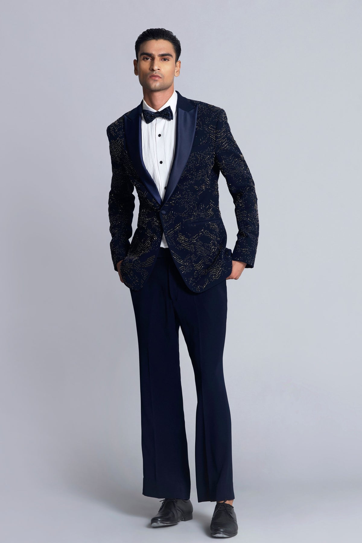 Navy Blue Sandwash Pearl Embroidered Tuxedo Set