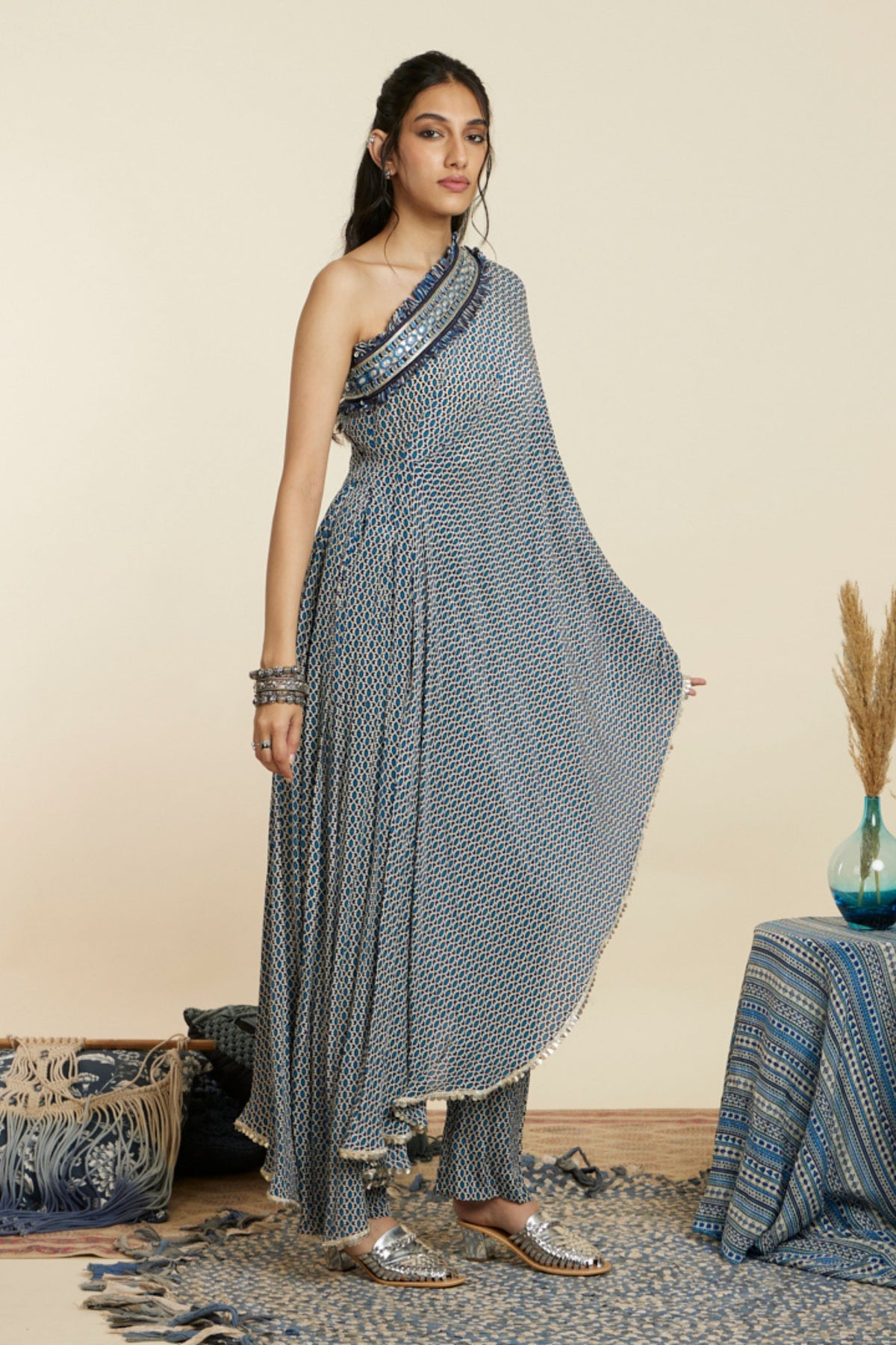 Blue Geo One Shoulder Kaftan Set