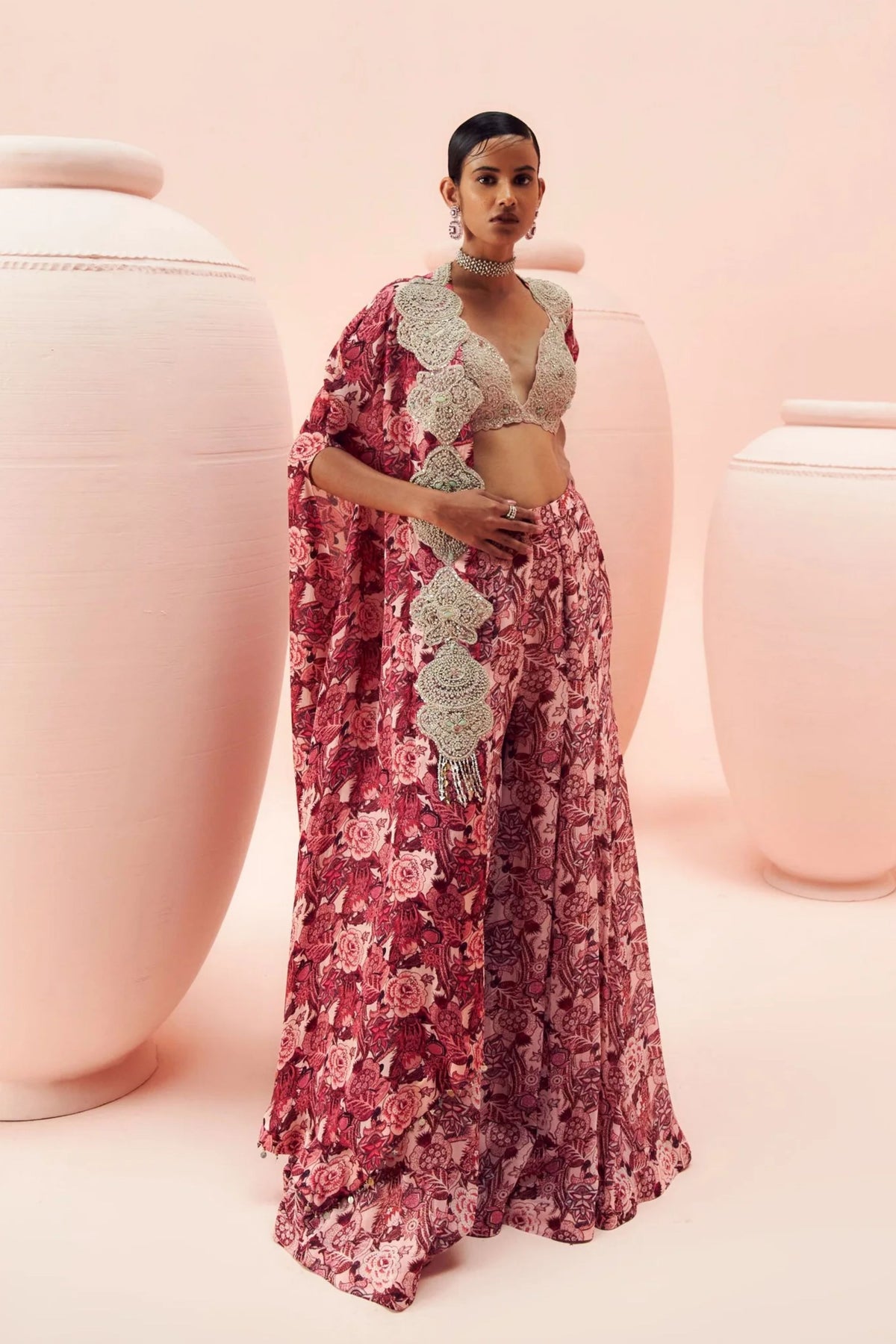 Blush Pink Abstract Floral Pants And Cape Set