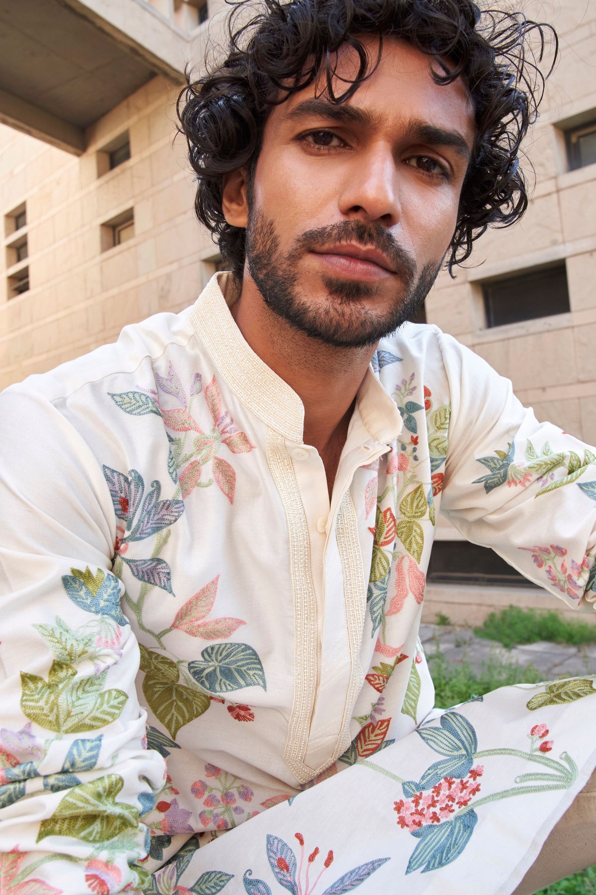 Cream Tropical Flora Kurta