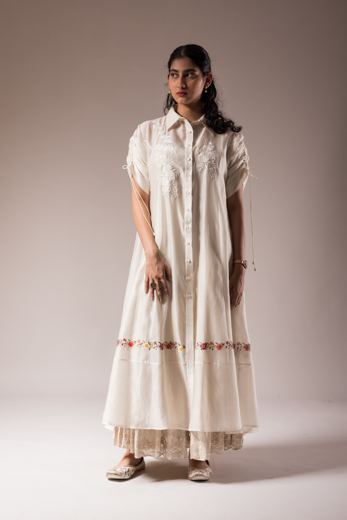 Ivory Front Open Chanderi Dress