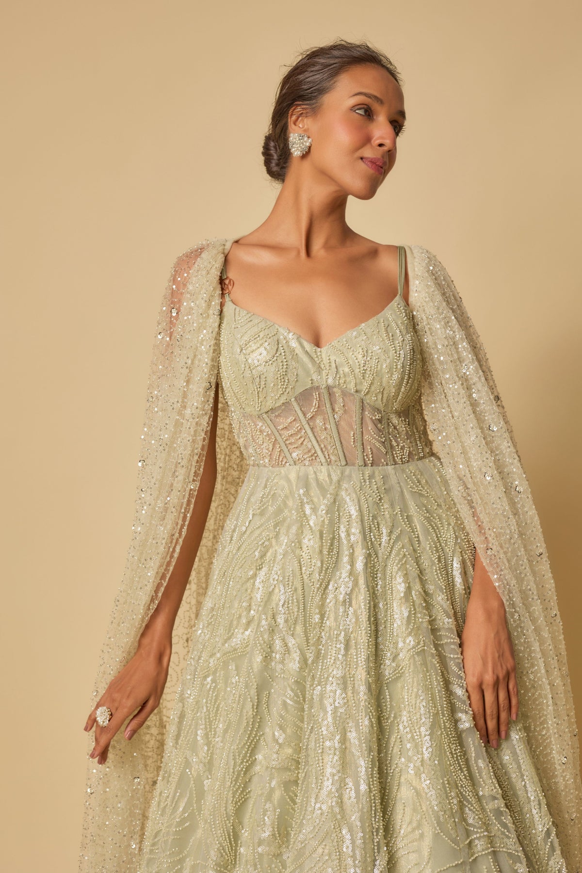 Sage Green Embroidered Gown set