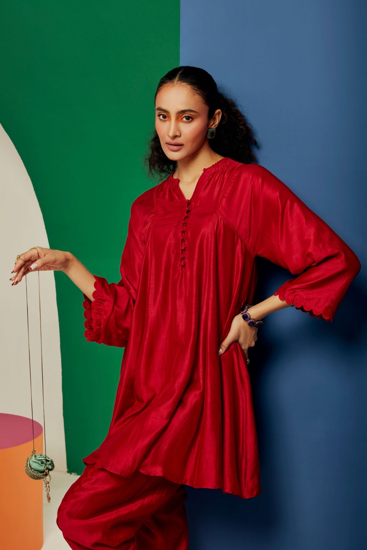 Red Short Kurta With Pants