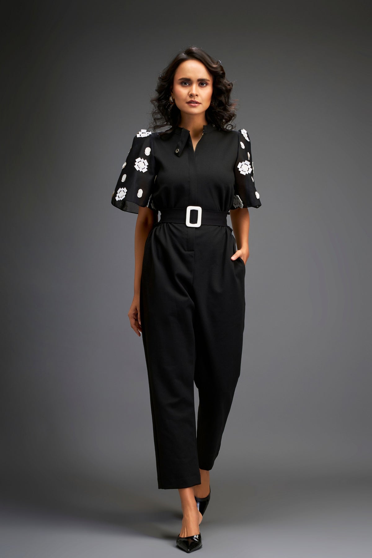 Black Embroidered Jumpsuit With Belt