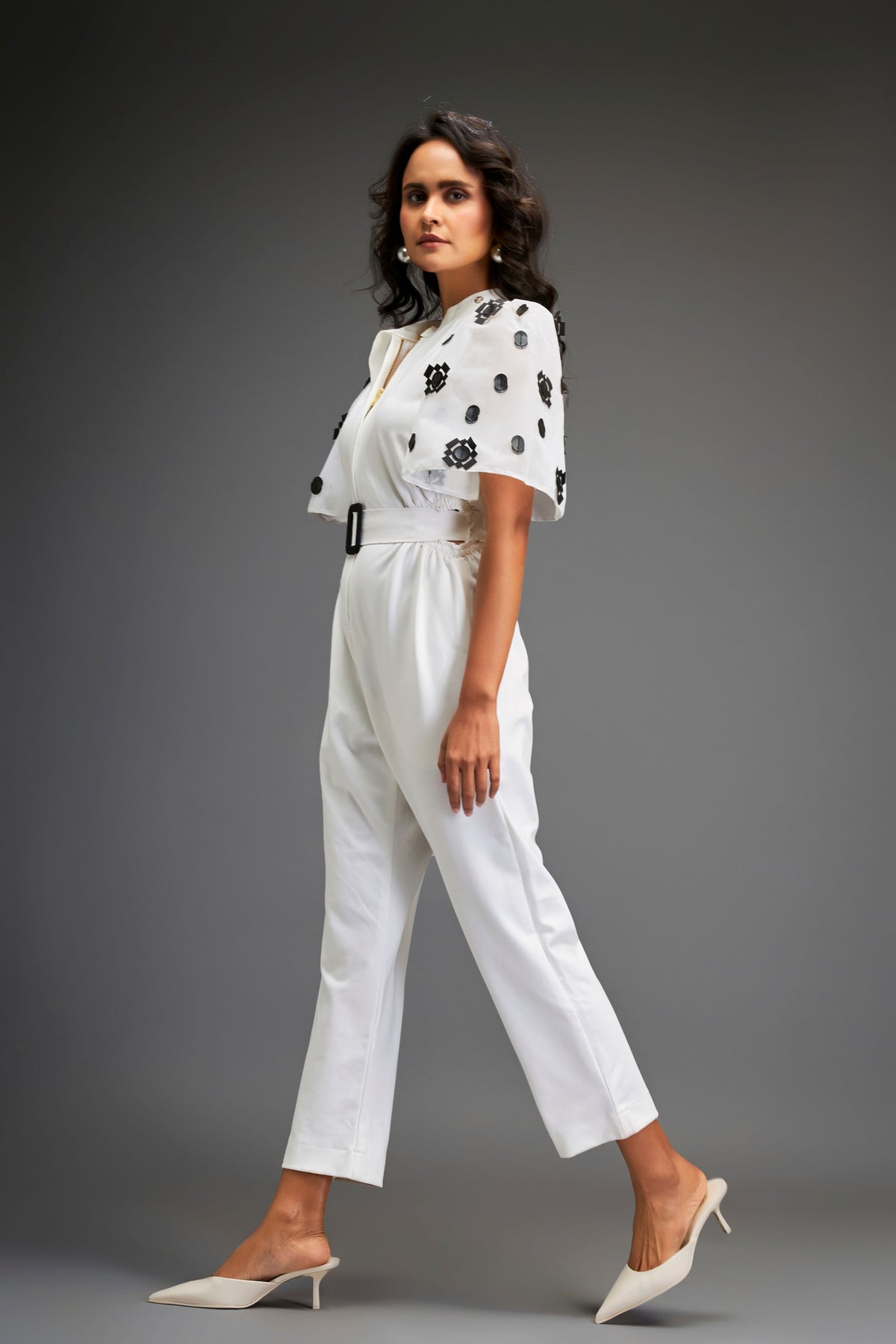 White Embroidered Jumpsuit With Belt