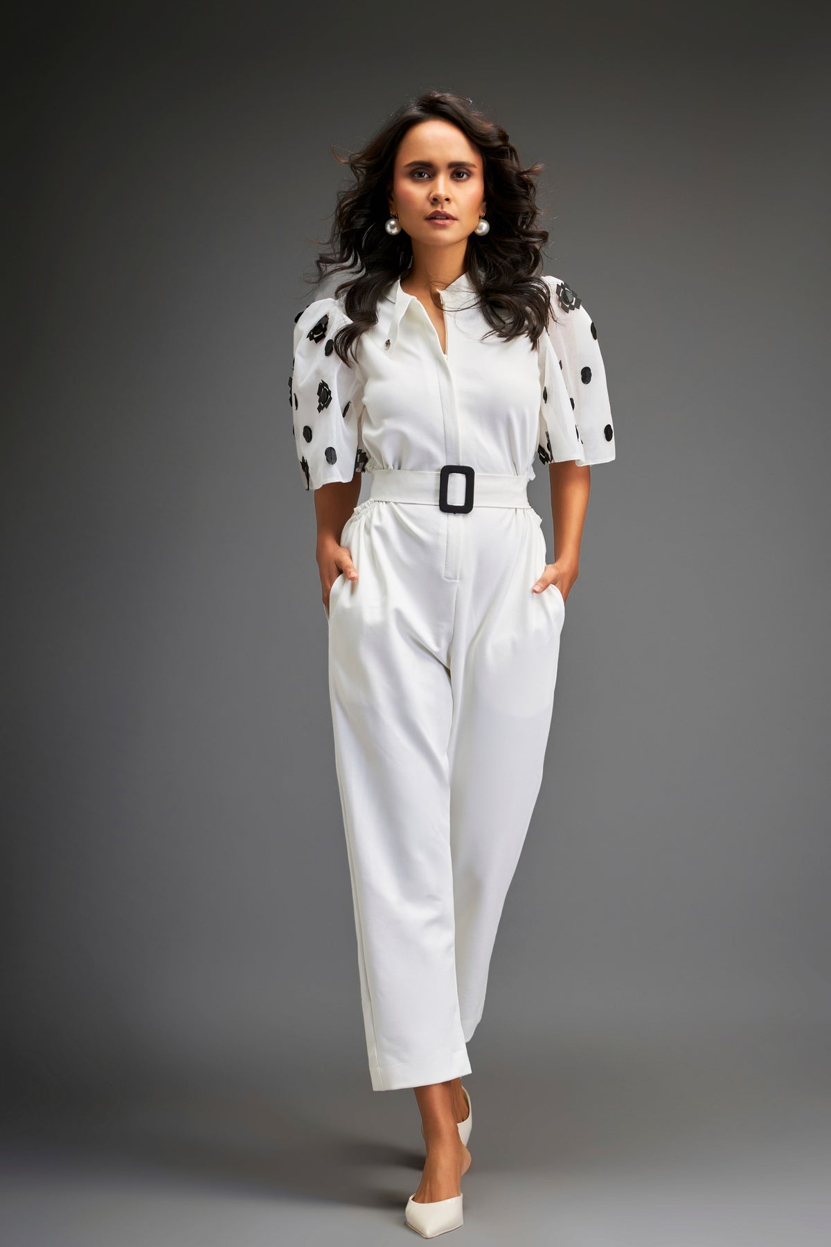 White Embroidered Jumpsuit With Belt