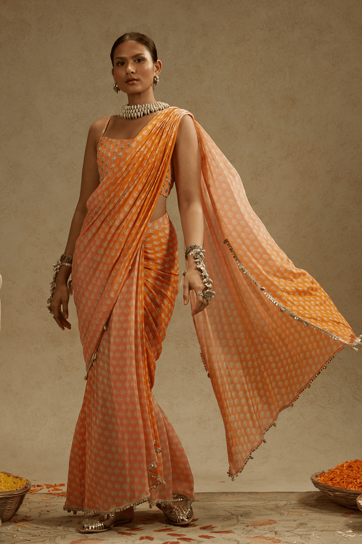 Ombre Print Cascade Saree, Bustier