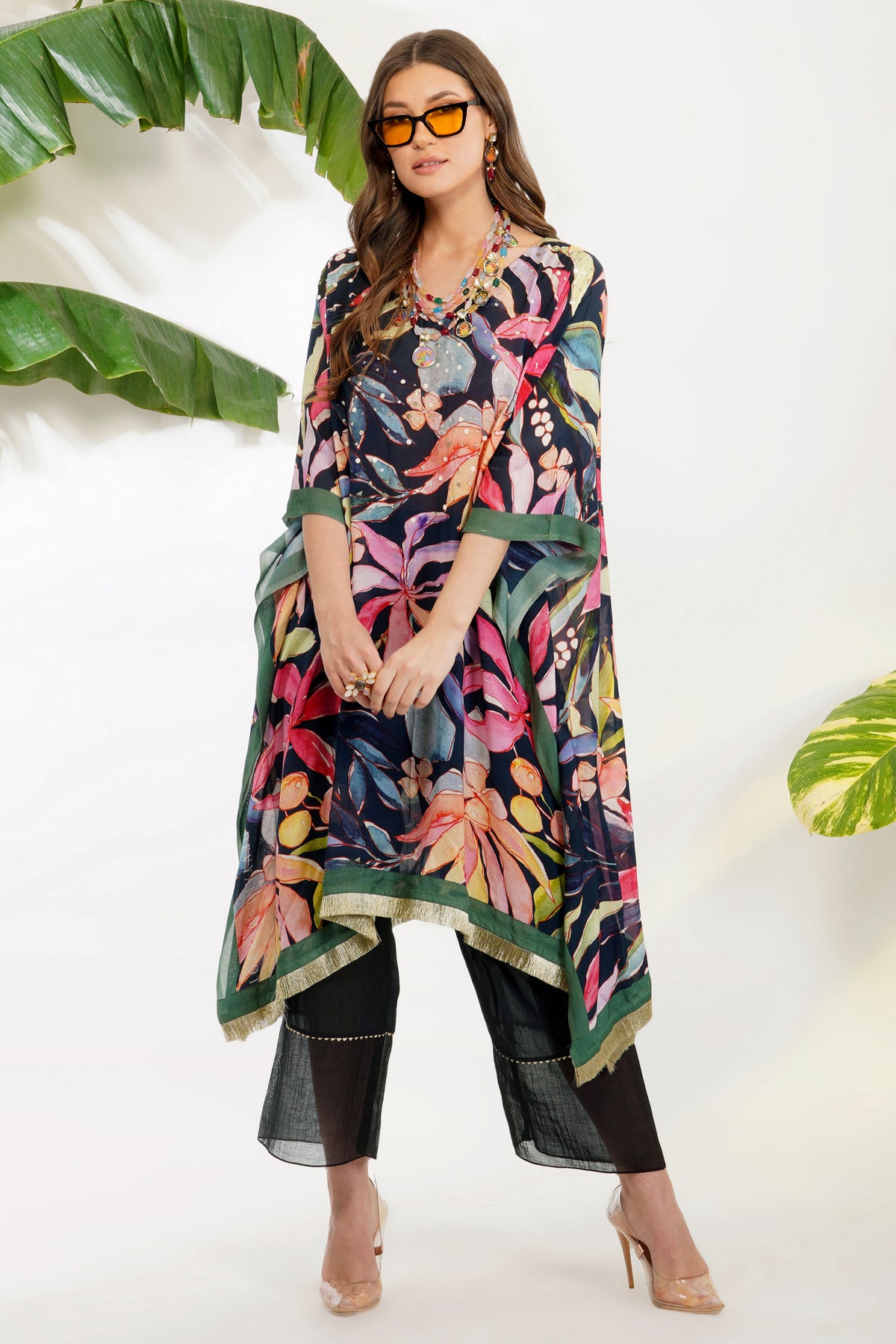 Tropical Flower Printed Kaftan Set