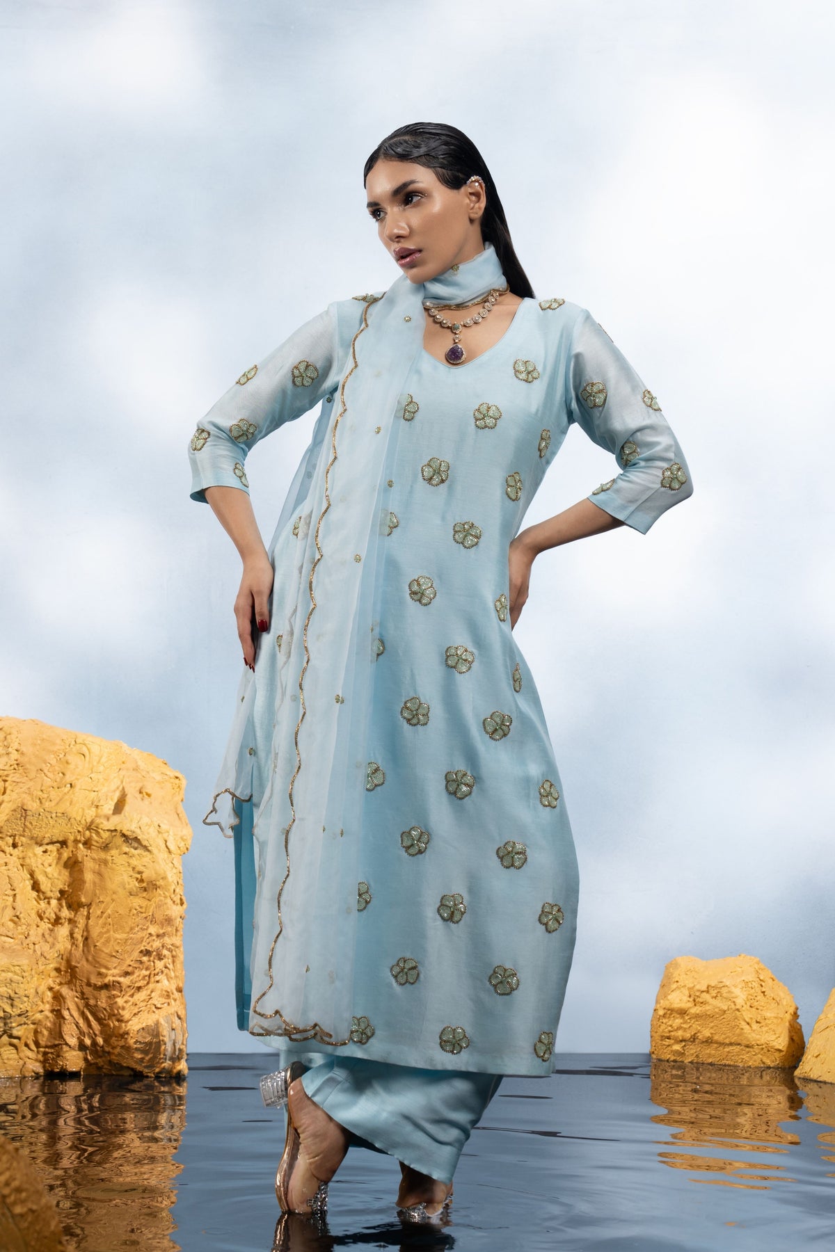 Powder Blue Floral Kurta Set