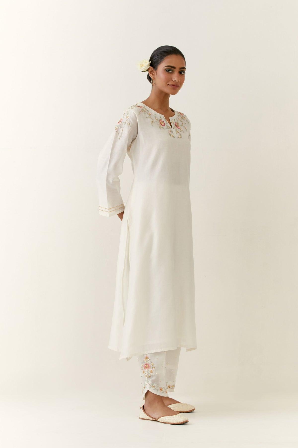 Off White Embroidered Silk Kurta Set