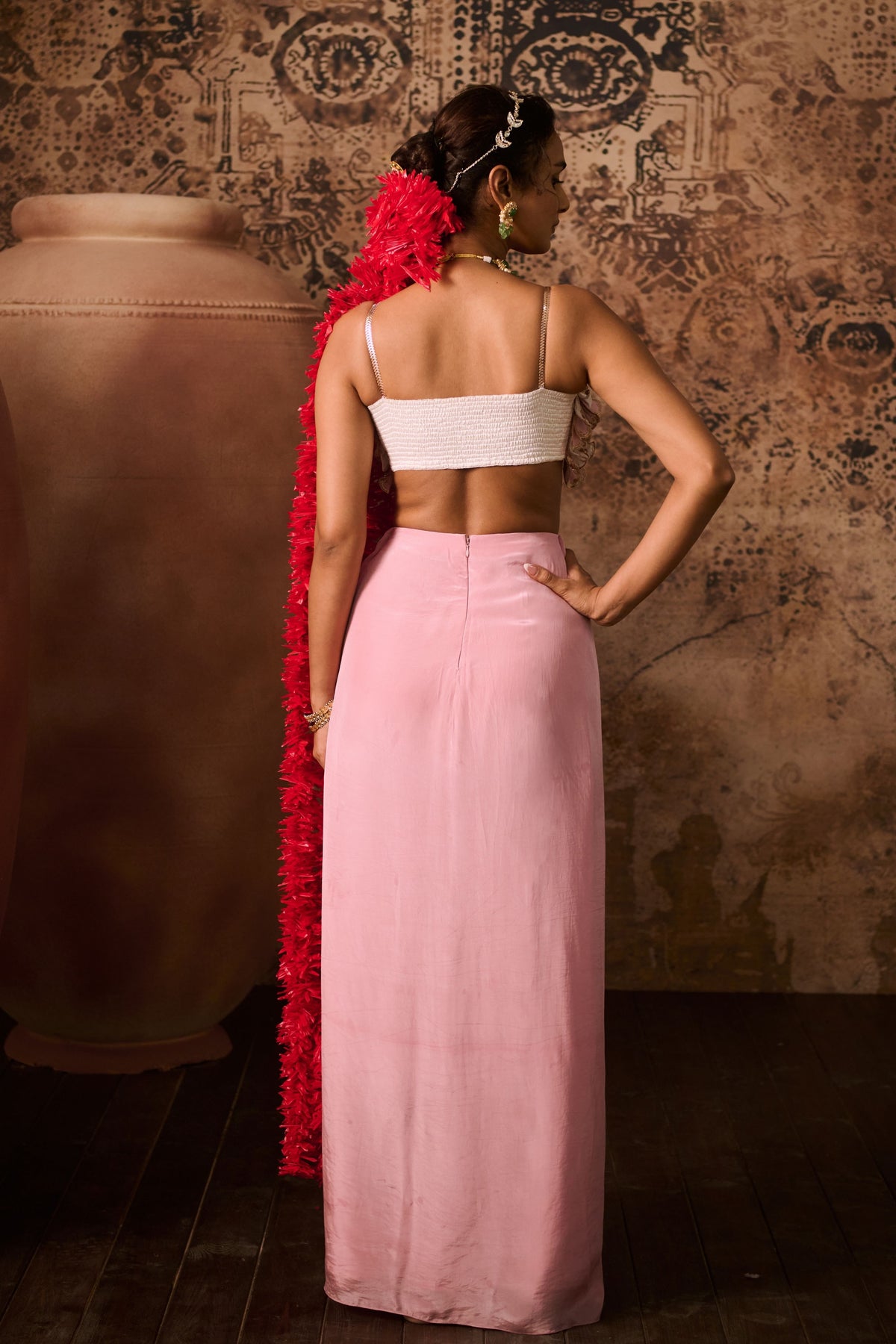 Pink Embroidered Top With Pink Drape Skirt