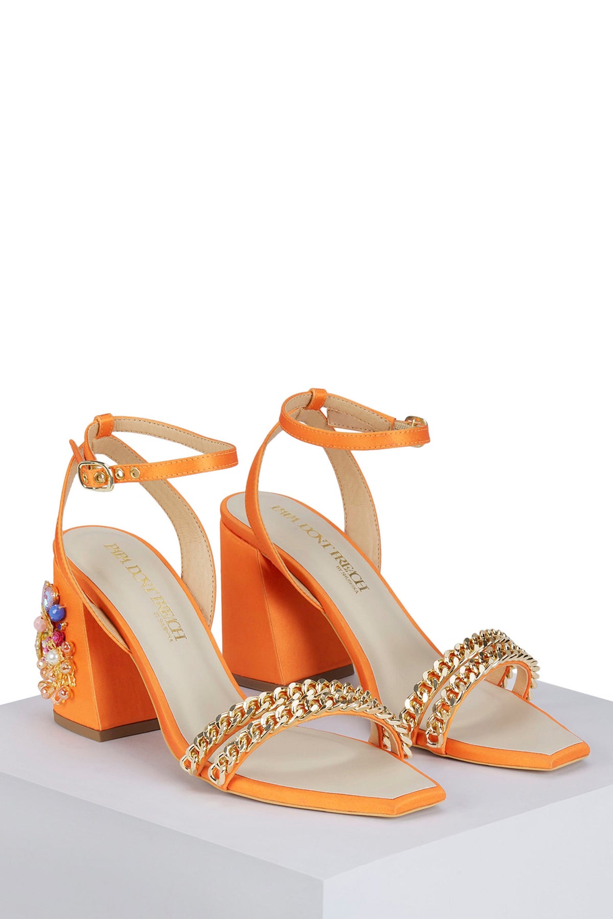 Flaming Katy - Orange Embroidered Mini Block Heels